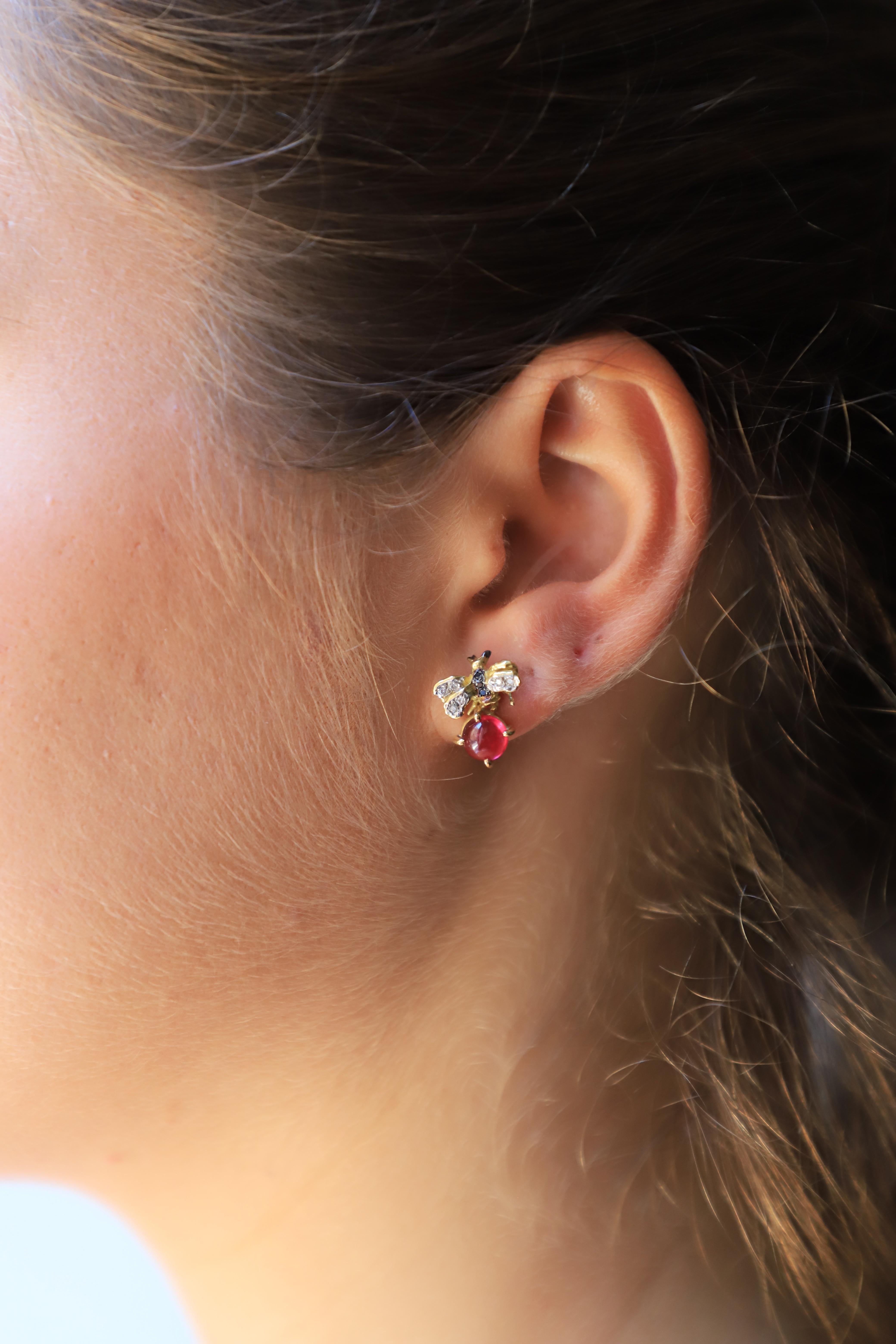 Round Cut Rossella Ugolini 18K Gold 3.5 Kt Pink Tourmaline Diamonds Bees Stud Earrings For Sale