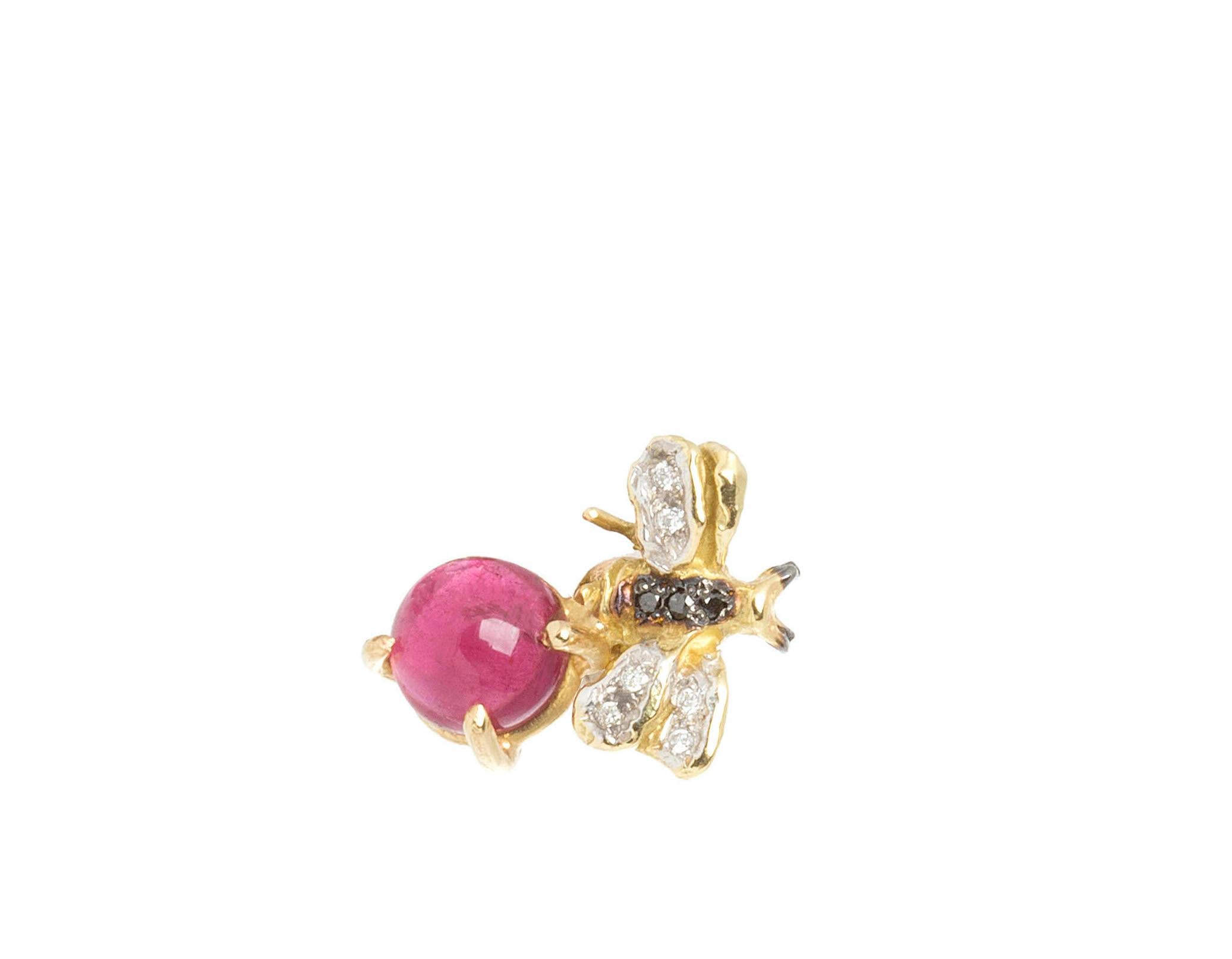 Rossella Ugolini 18K Gold 3.5 Kt Pink Tourmaline Diamonds Bees Stud Earrings In New Condition For Sale In Rome, IT