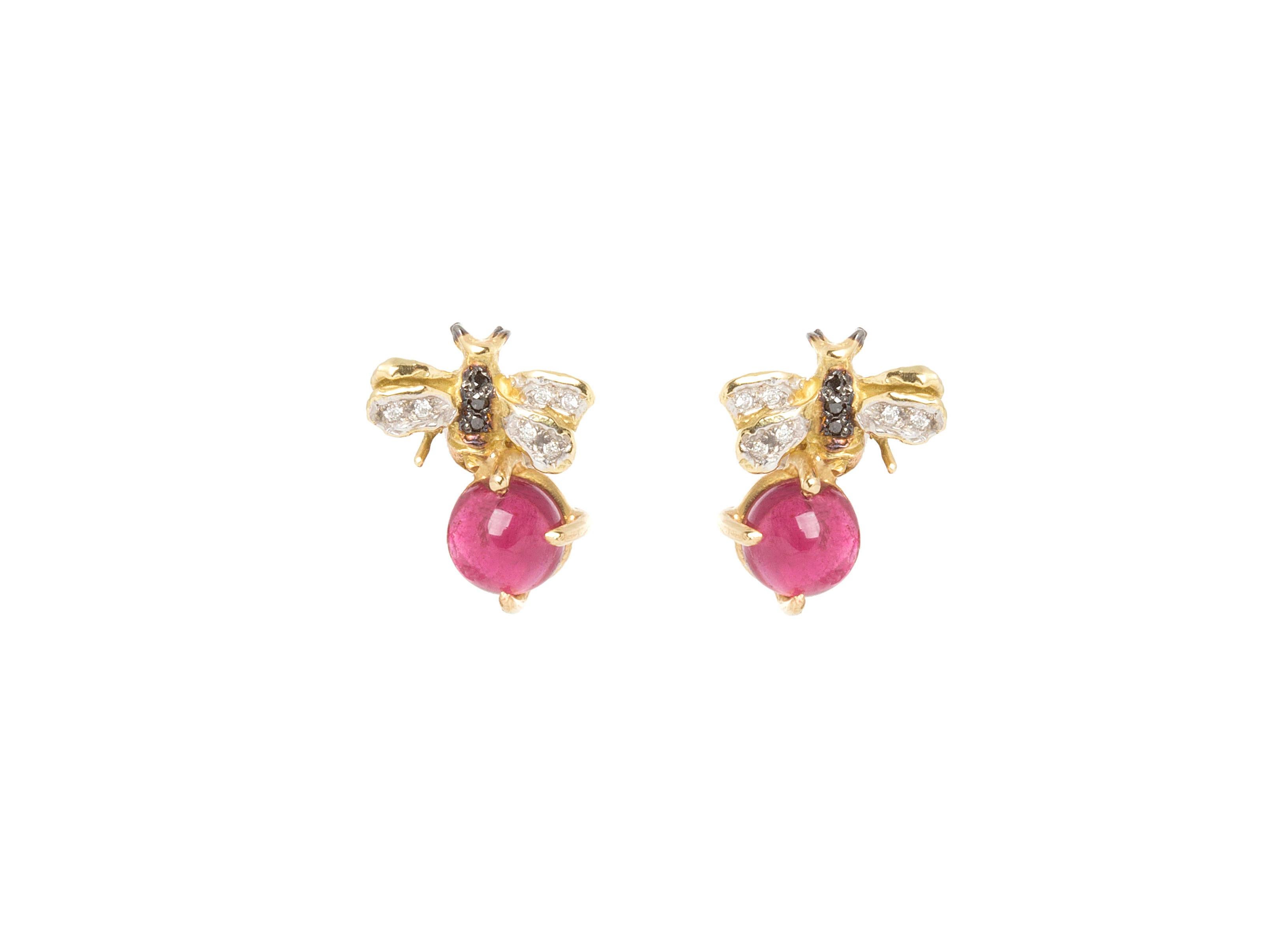 Rossella Ugolini 18K Gold 3.5 Kt Pink Tourmaline Diamonds Bees Stud Earrings For Sale 1