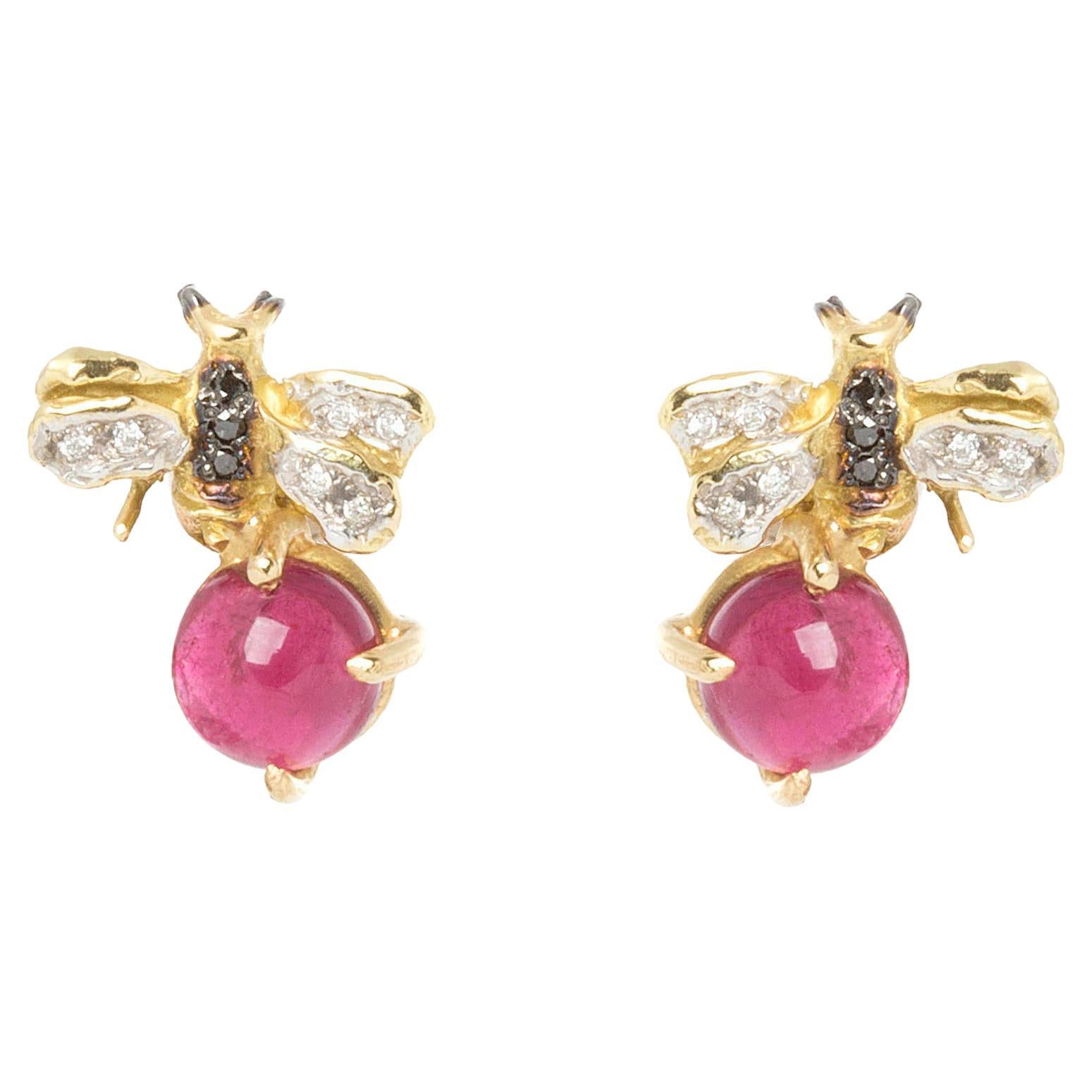 Rossella Ugolini 18K Gold 3.5 Kt Pink Tourmaline Diamonds Bees Stud Earrings