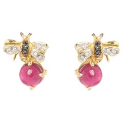 18 Karat Gold 3.50 Karat Pink Tourmaline 0.16 Karat Diamonds Bees Stud Earrings