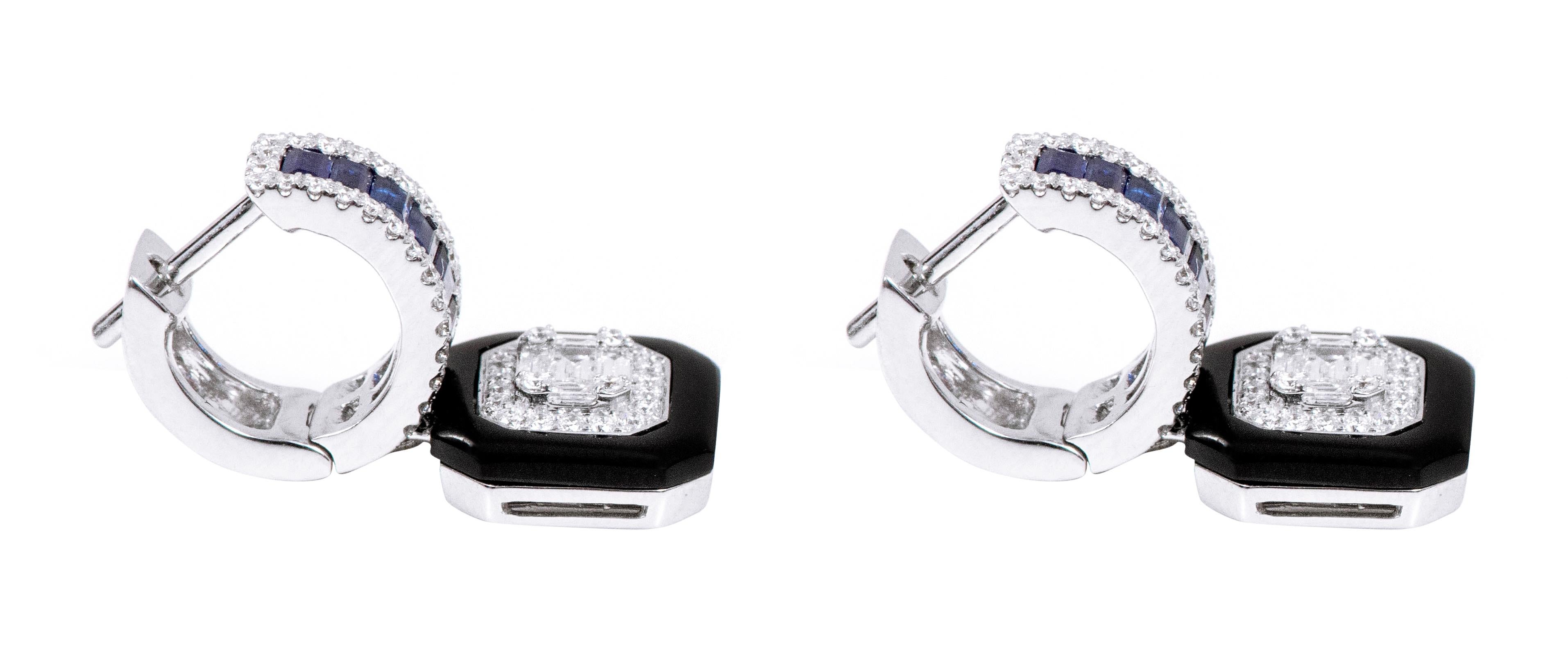 Baguette Cut 18 Karat Gold 3.65 Carat Diamond, Sapphire, and Black Onyx Drop Earrings For Sale