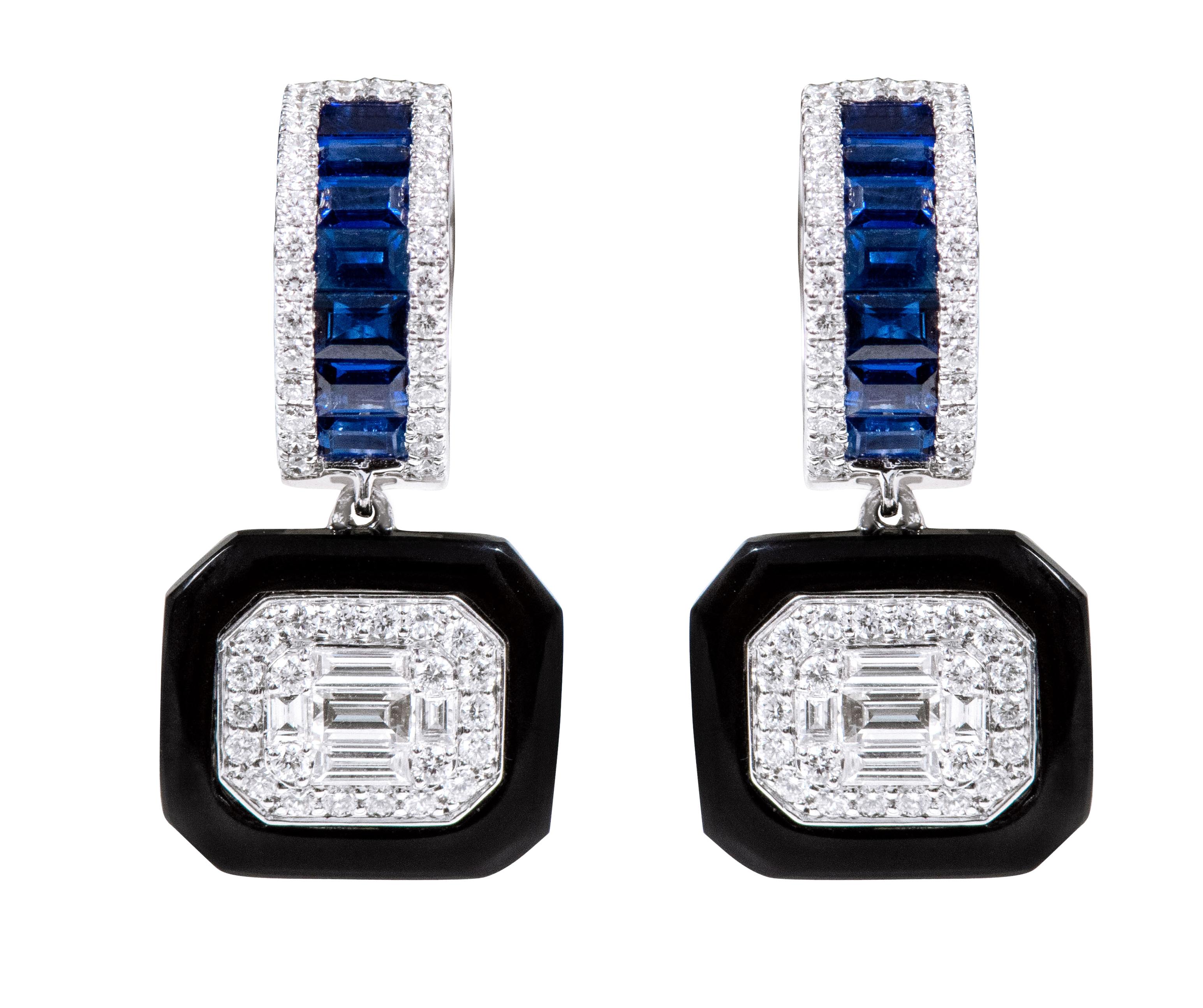 Women's 18 Karat Gold 3.65 Carat Diamond, Sapphire, and Black Onyx Drop Earrings For Sale