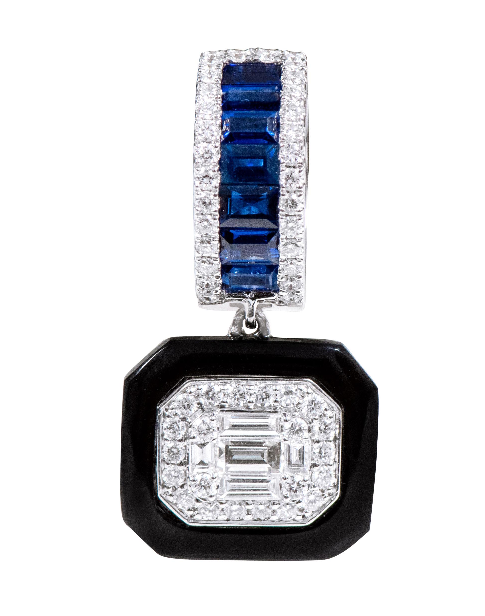 18 Karat Gold 3.65 Carat Diamond, Sapphire, and Black Onyx Drop Earrings For Sale 1