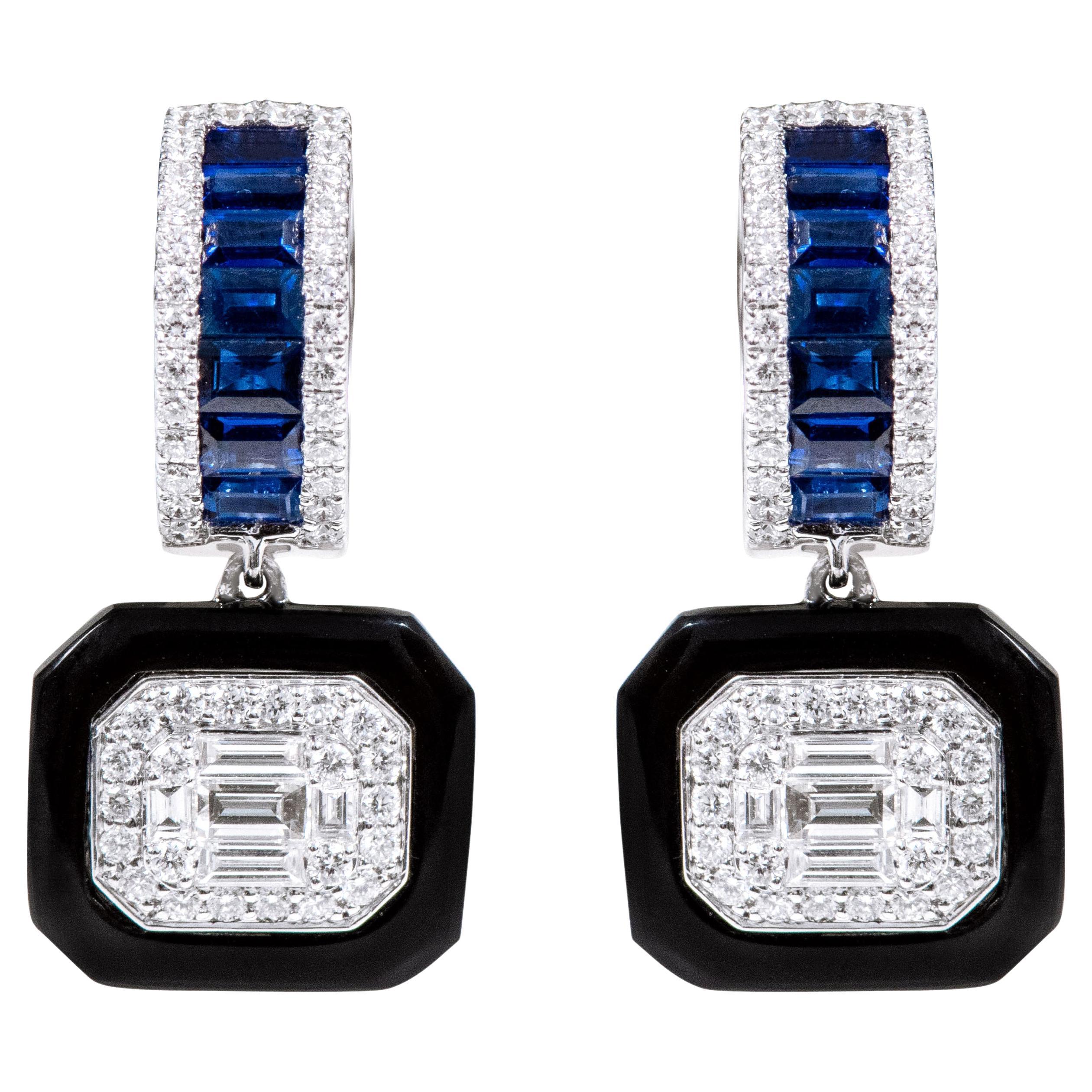 18 Karat Gold 3.65 Carat Diamond, Sapphire, and Black Onyx Drop Earrings
