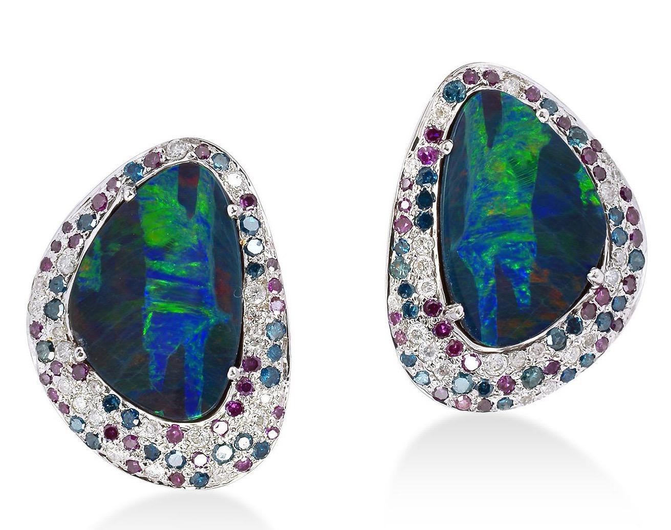 Mixed Cut 3.65 carat Opal Diamond Sapphire 18 Karat Gold Stud Earrings For Sale