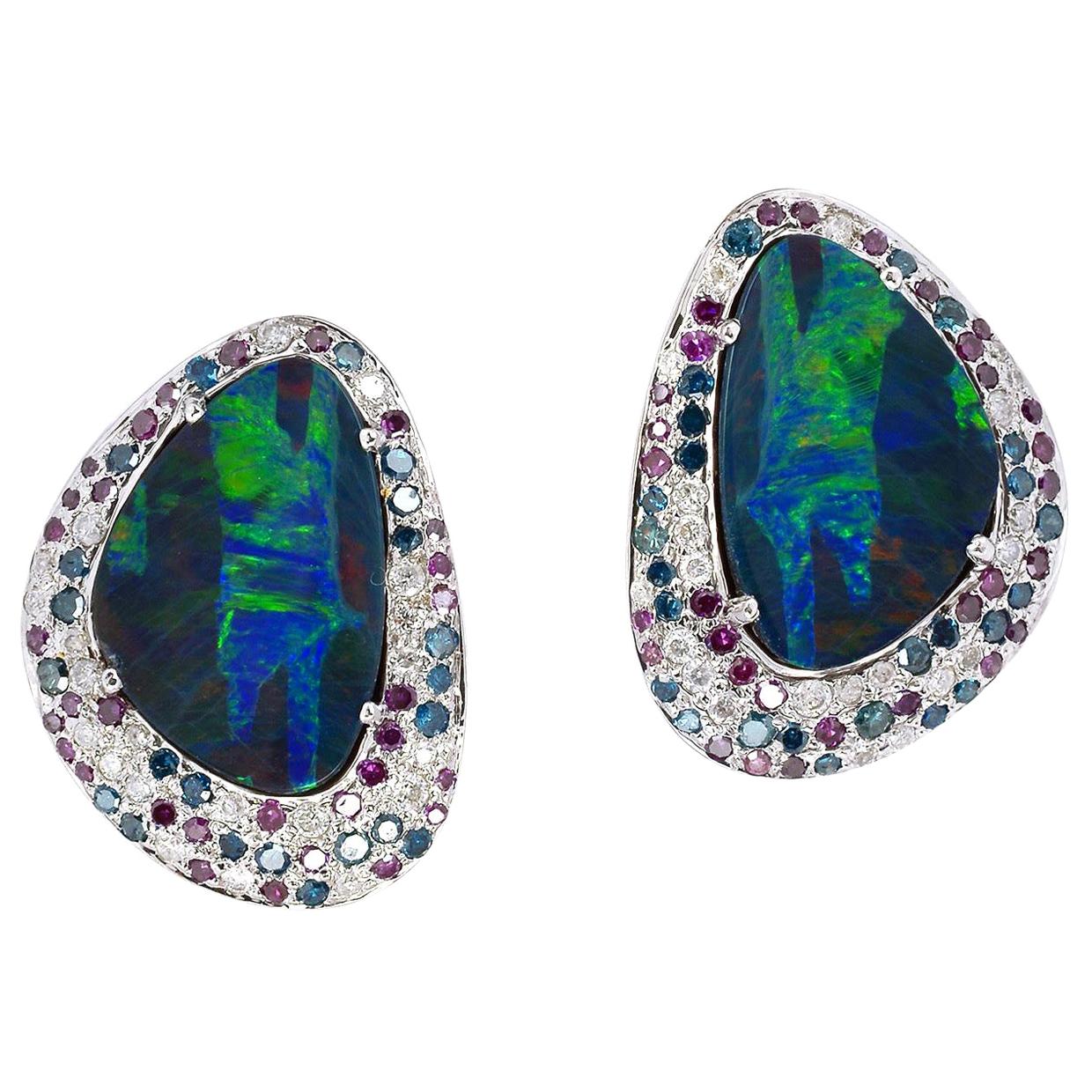 3.65 carat Opal Diamond Sapphire 18 Karat Gold Stud Earrings For Sale