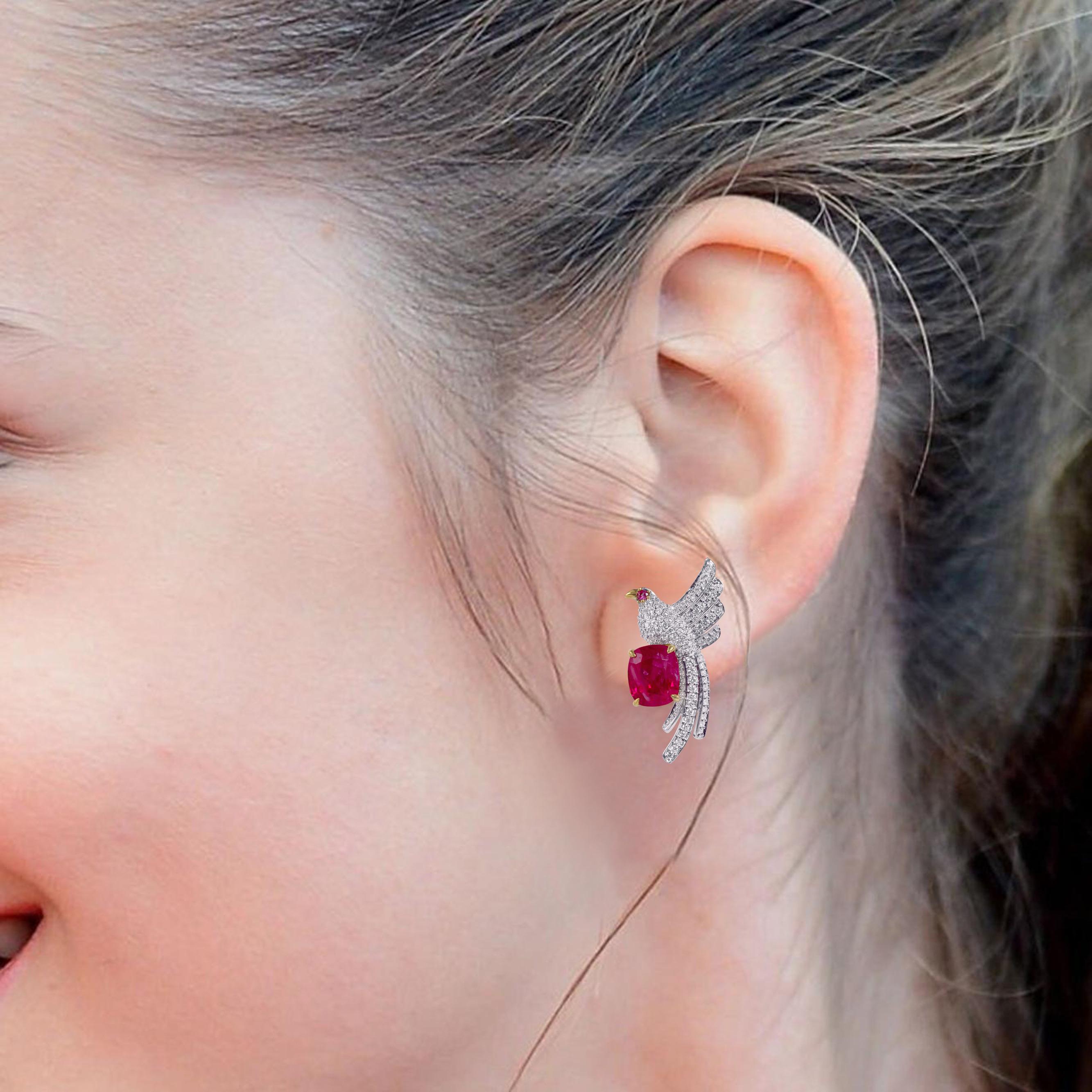 18 Karat Gold 3.67 Carat Natural Unheated Burmese Ruby and Diamond Stud Earrings

This special majestic royal parrot ruby stud-drop earring is a perfect example of the modern-day style. It’s simple yet artistic and characterizes the natural
