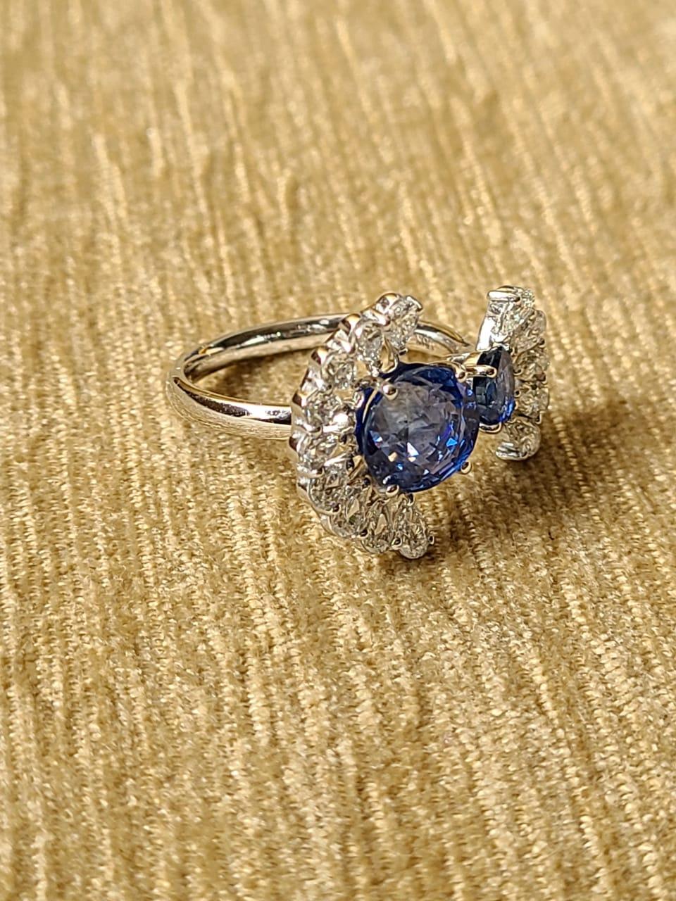 Women's or Men's 18 Karat Gold, 3.69 Carat, Blue Sapphire and Pear Diamonds Ring