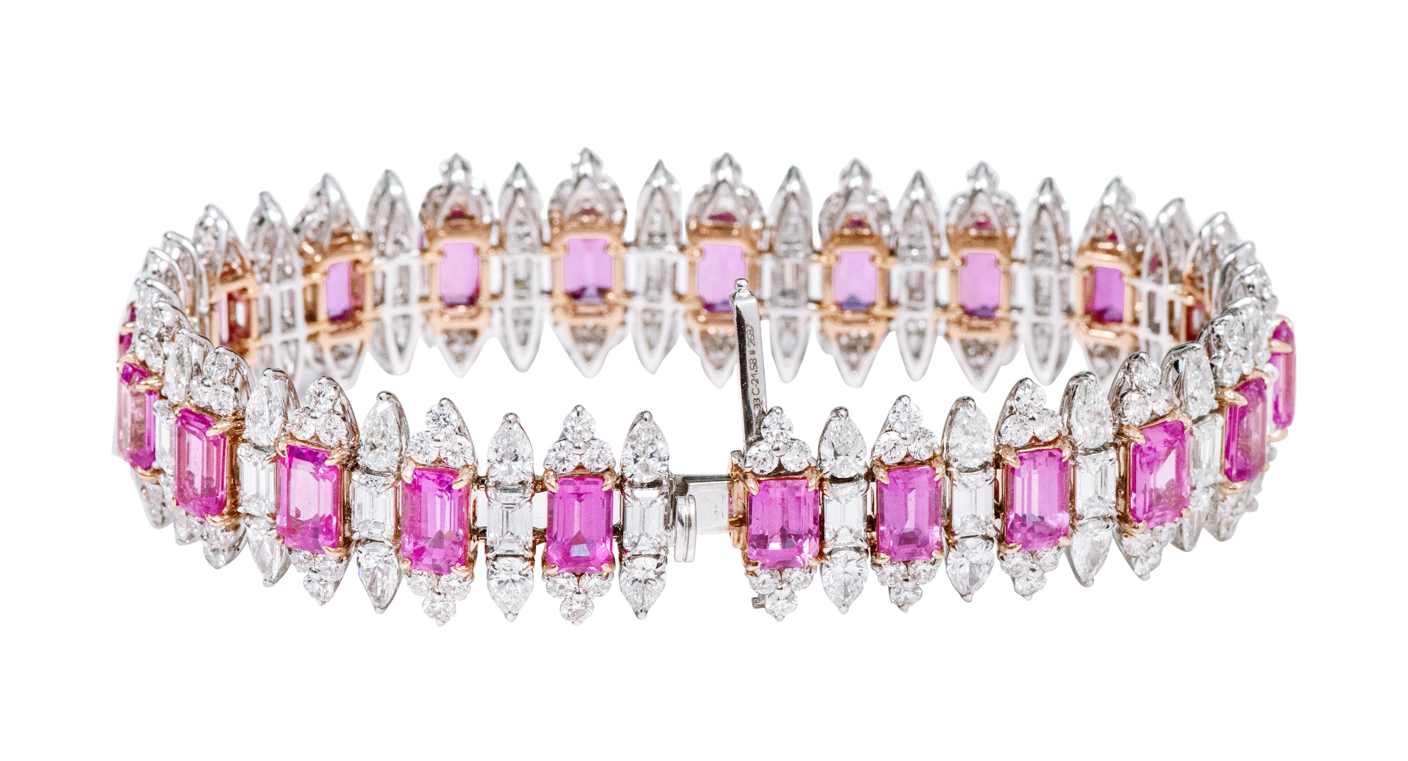 18 Karat Gold 36.91 Carat Pink Sapphire and Diamonds Contemporary Style Bracelet In New Condition For Sale In Jaipur, IN