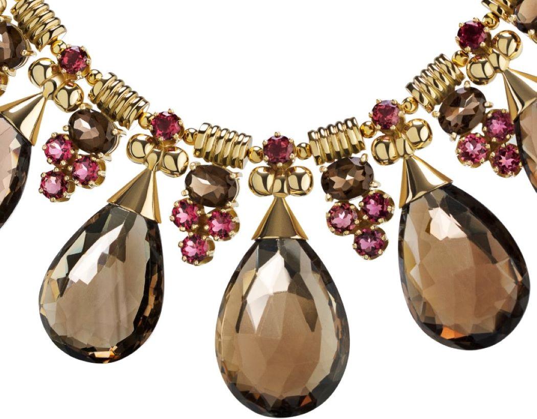 Contemporary 18 Karat Gold, 389.60 Carat Smokey Topaz and Pink Tourmaline Gypsy Drop Necklace For Sale