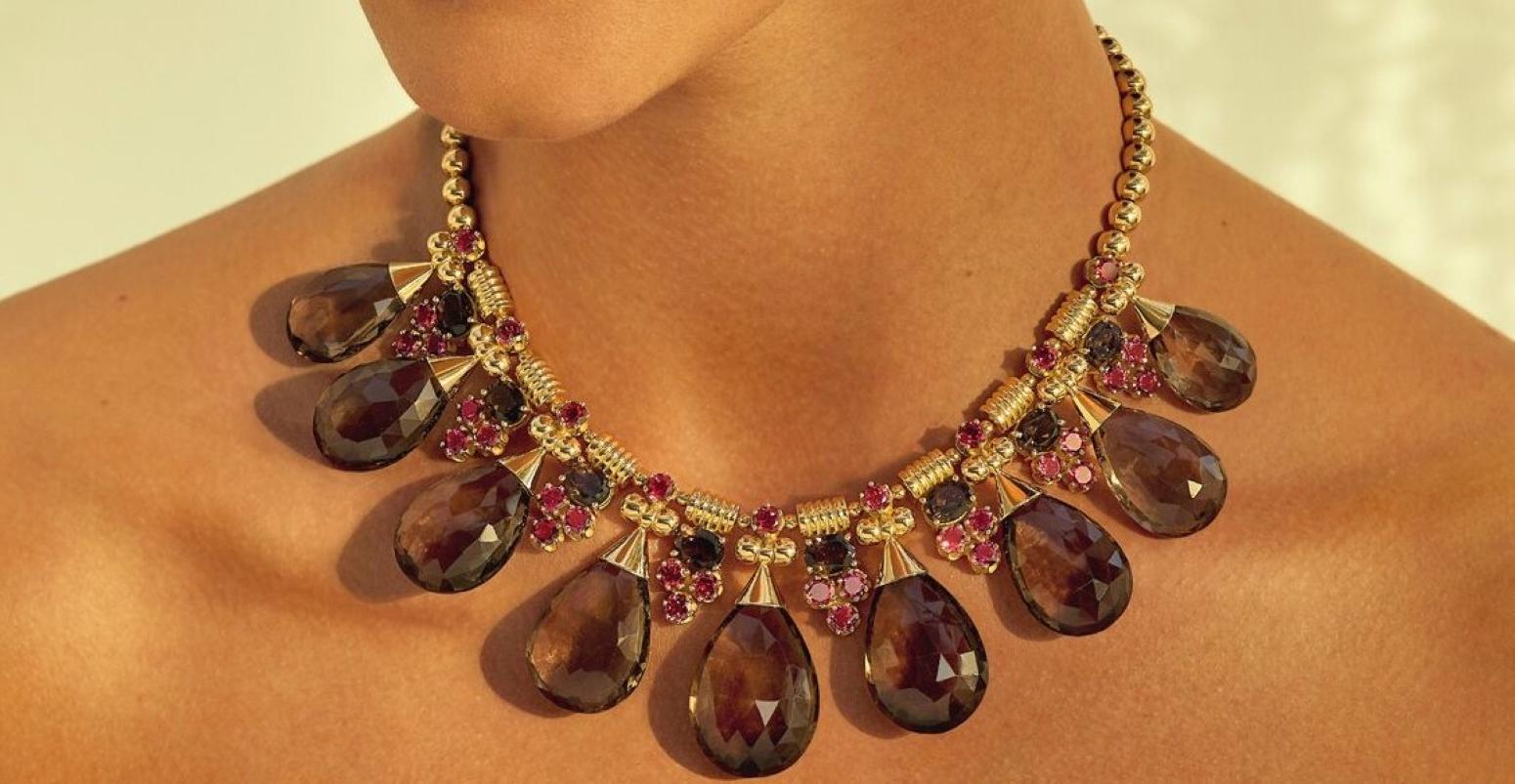 Pear Cut 18 Karat Gold, 389.60 Carat Smokey Topaz and Pink Tourmaline Gypsy Drop Necklace For Sale