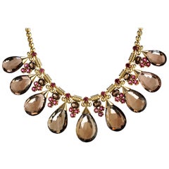 18 Karat Gold, 389.60 Carat Smokey Topaz and Pink Tourmaline Gypsy Drop Necklace