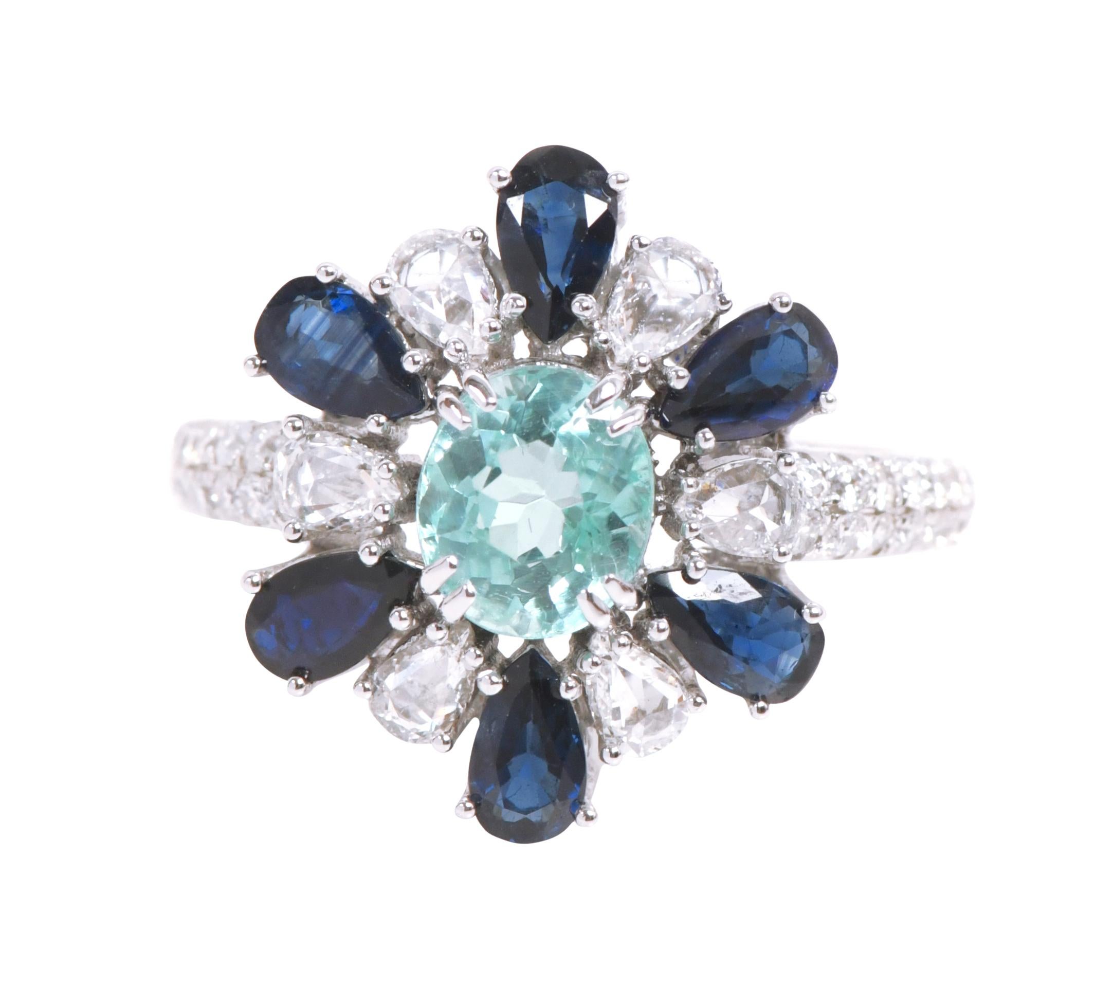 Oval Cut 18 Karat Gold 3.91 Carat Paraiba Tourmaline, Sapphire, and Diamond Cocktail Ring For Sale