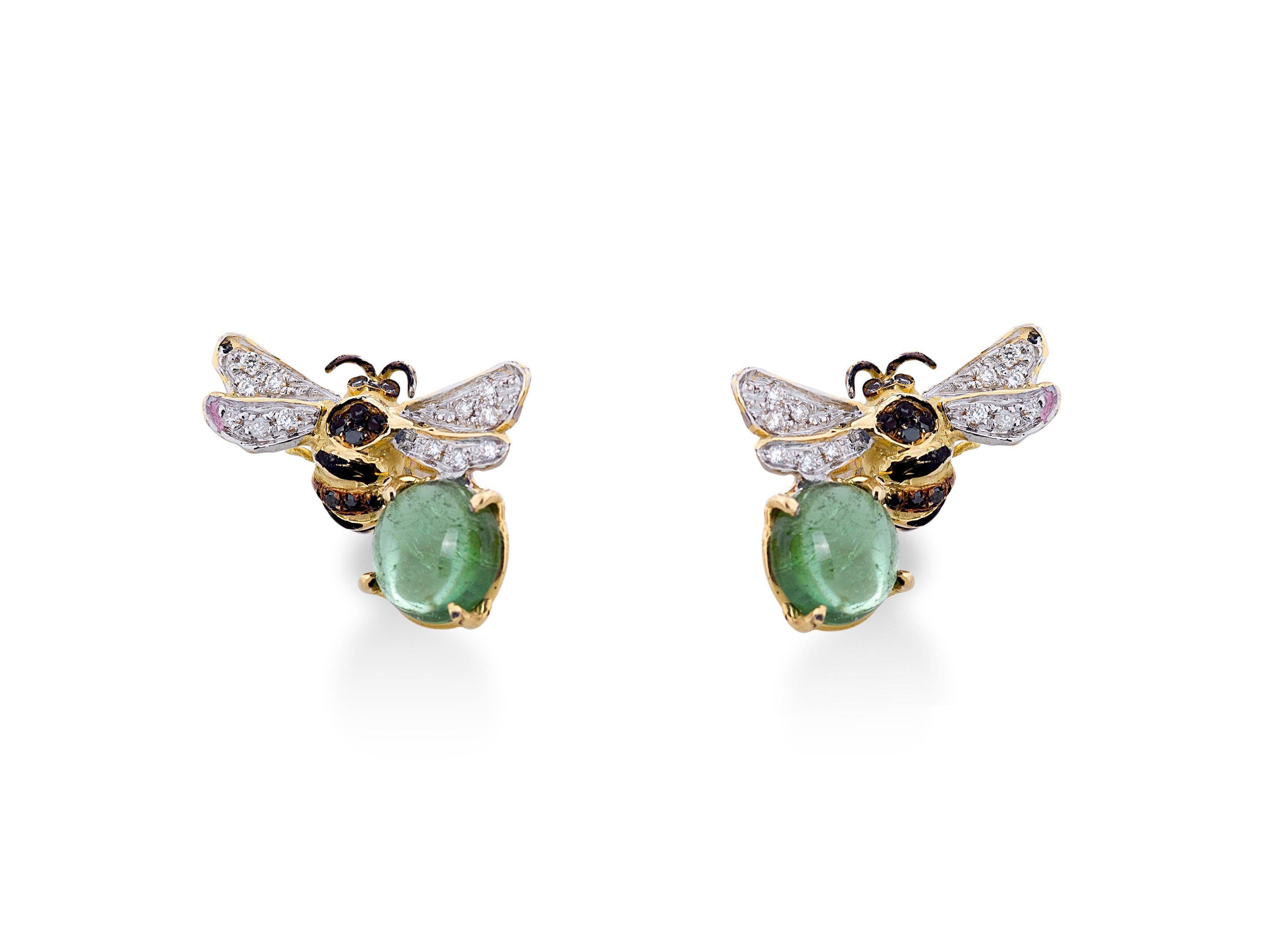 Cabochon Rossella Ugolini 18K Gold GreenTourmaline Diamonds Bees-Inspired Stud Earrings For Sale