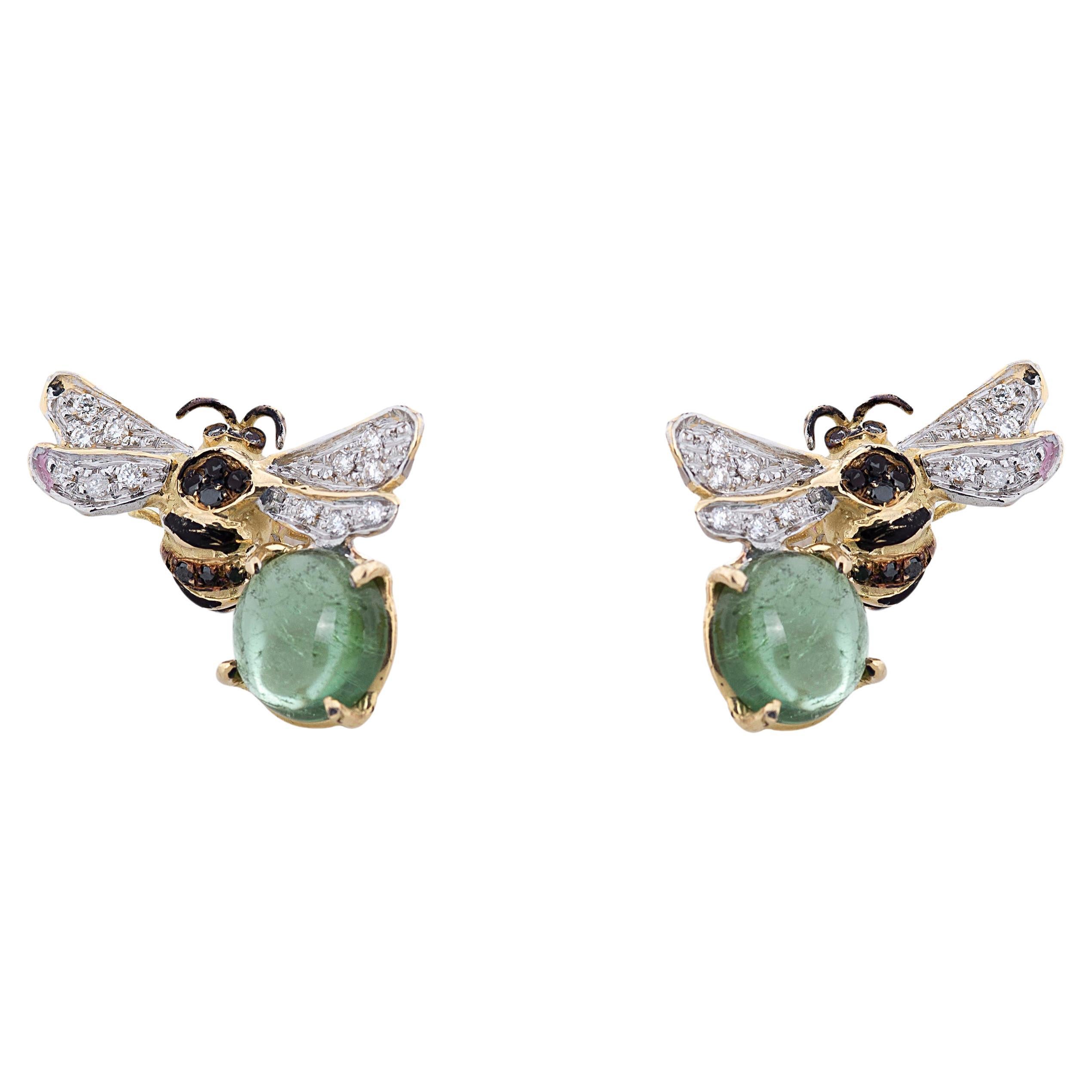 Rossella Ugolini, clous d'oreilles inspirés des abeilles en or 18 carats, tourmaline verte et diamants