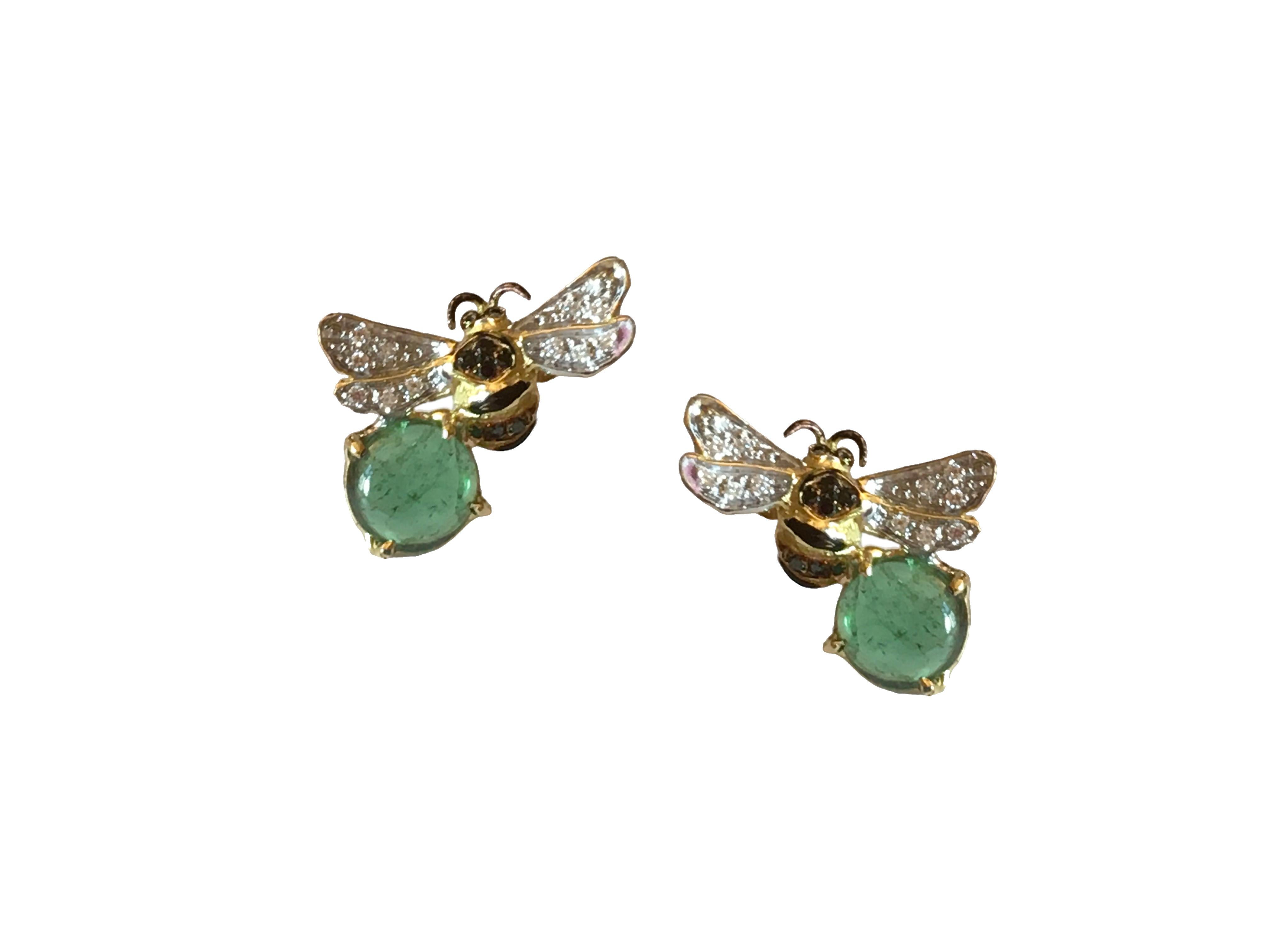 18K Gold Green Tourmaline Diamonds Bee-Inspired Unisex Stud Earrings For Sale 3