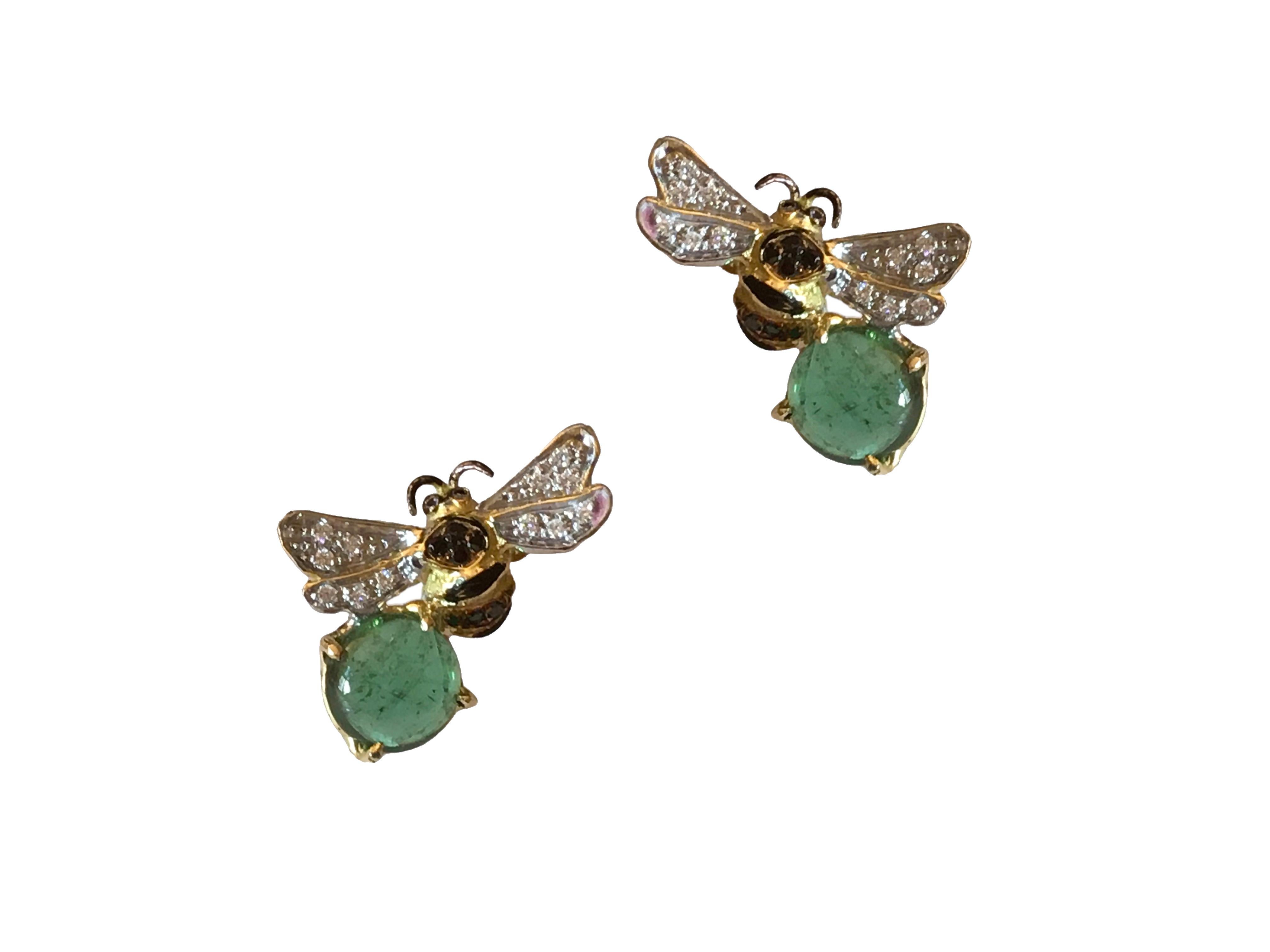 Men's 18K Gold Green Tourmaline Diamonds Bee-Inspired Unisex Stud Earrings For Sale
