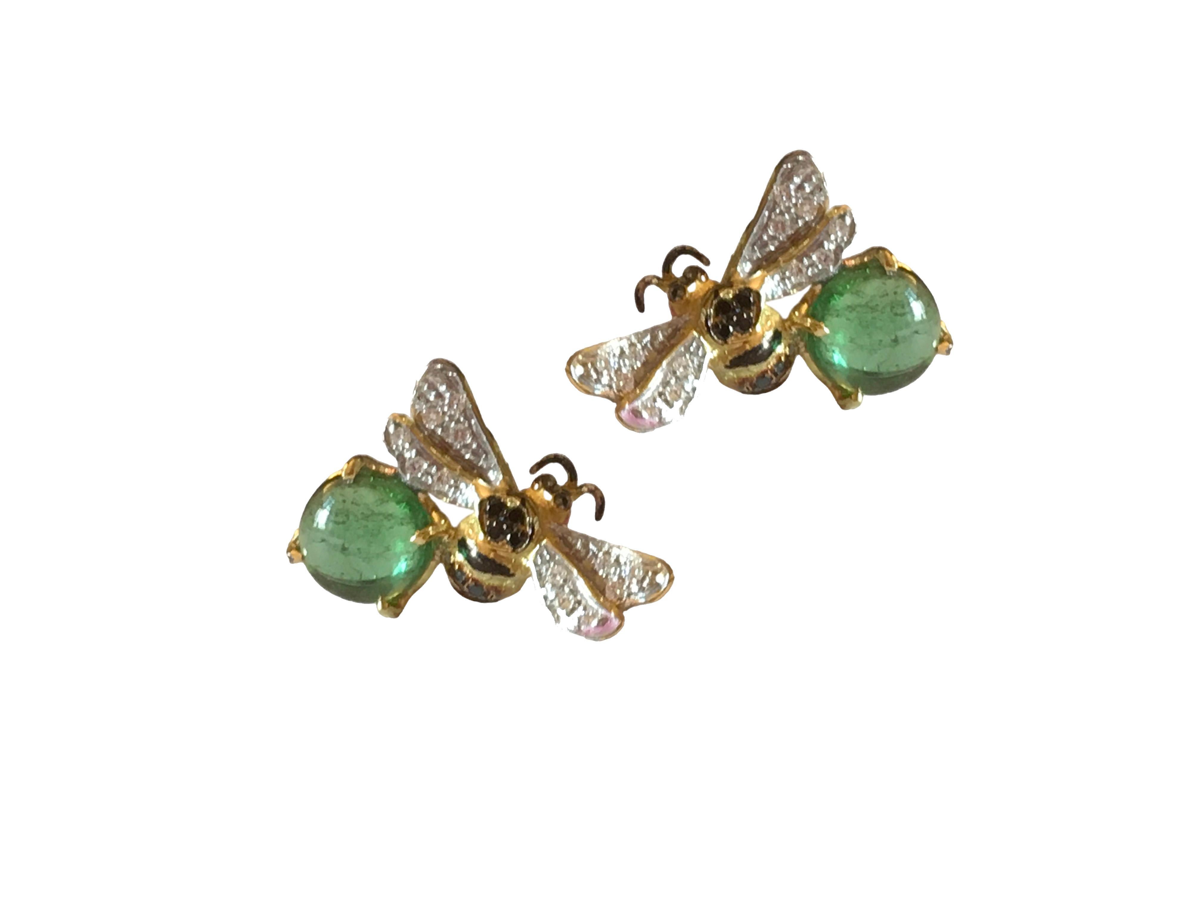 Rossella Ugolini 18K Gold 4 Karats Tourmaline Diamonds Bees Stud Earrings For Sale 5