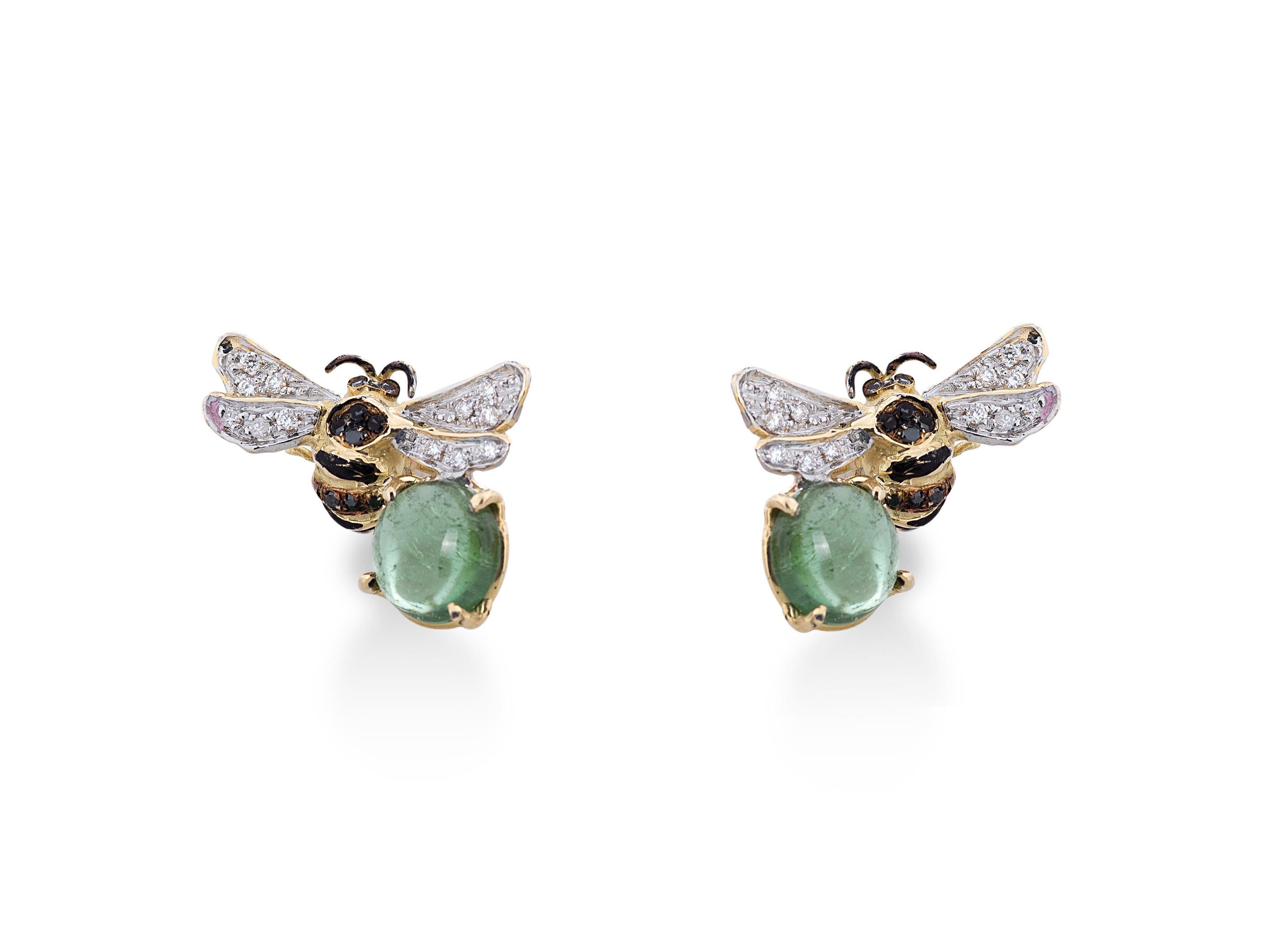 Rossella Ugolini Bees Stud Earrings are a tribute to nature's splendor, handcrafted in Italy with unrivaled artistry.  Handcrafted in 18 Karat Yellow Gold 4 Karats Green Tourmaline 0.16 Karat White Diamond 0.18 Karat Black Diamonds. Unveiling the