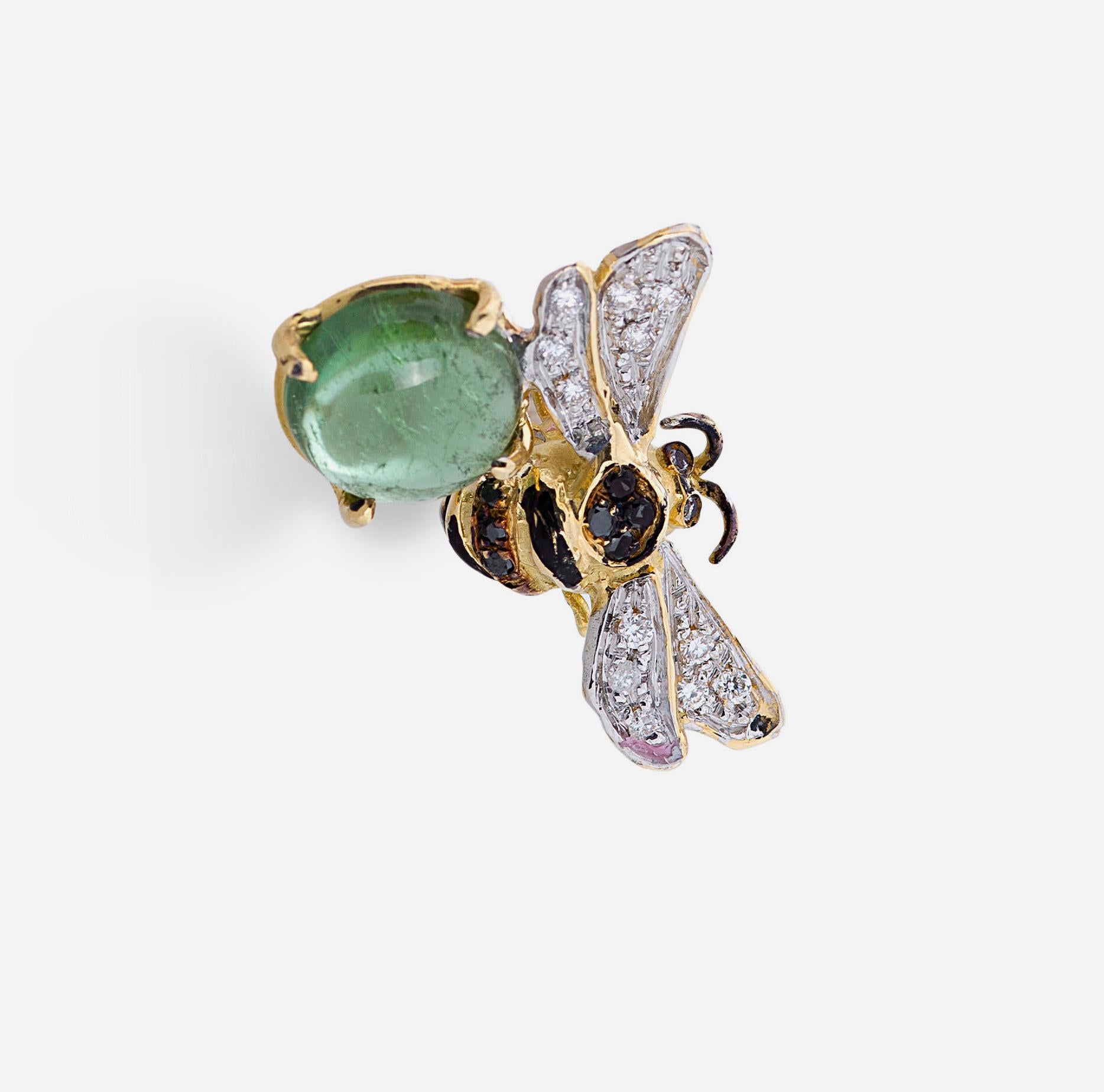 Rossella Ugolini Bee-Inspired 18K Gold Diamonds Green Tourmaline Stud Earrings In New Condition For Sale In Rome, IT