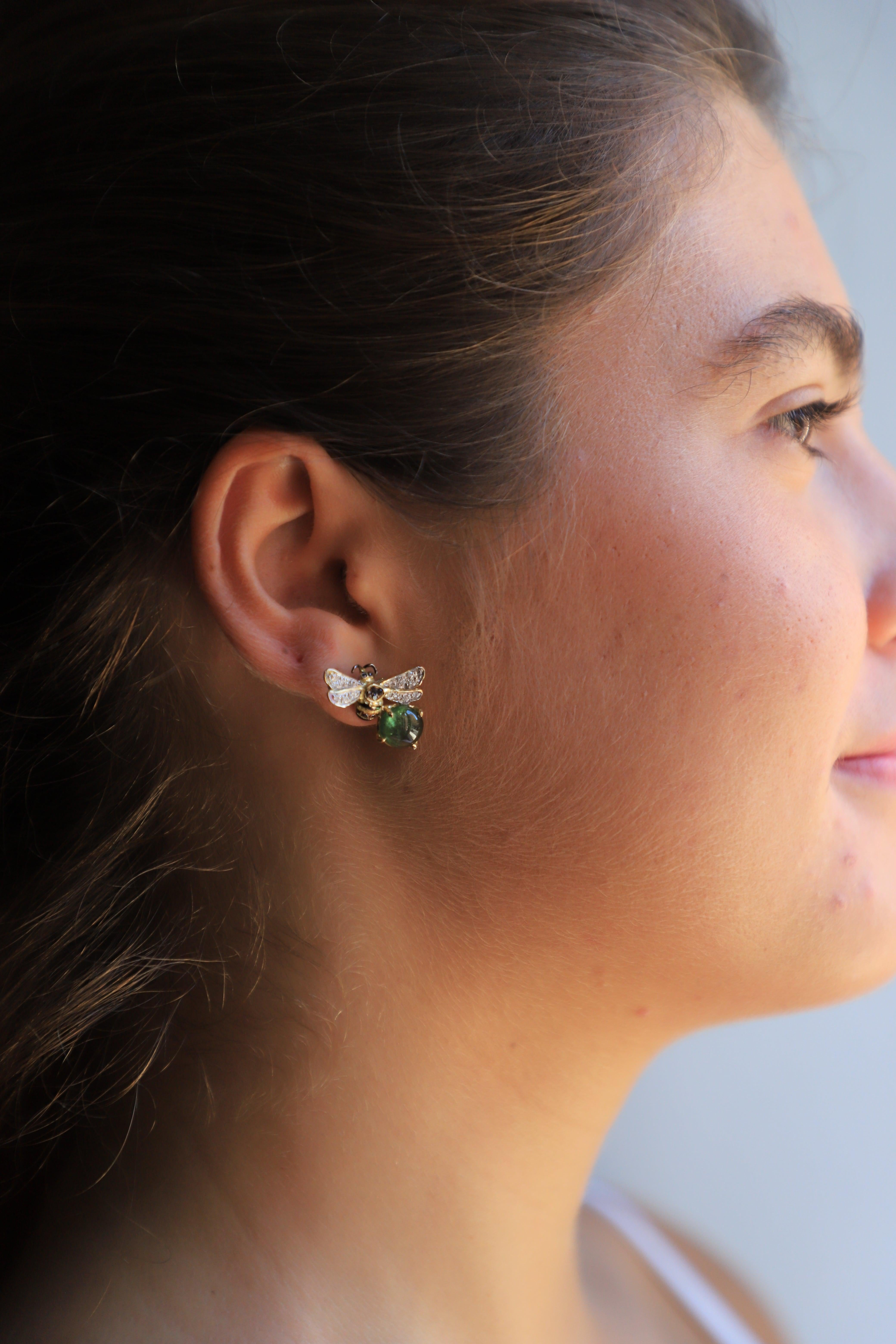 Brilliant Cut Rossella Ugolini 18K Gold 4 Karats Tourmaline Diamonds Bees Stud Earrings For Sale