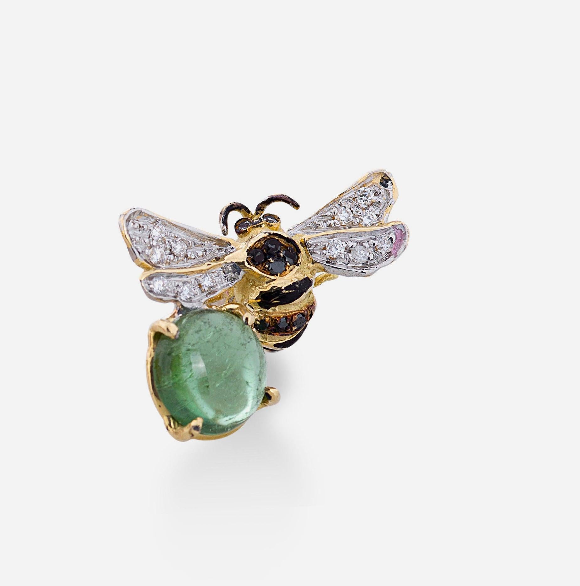 Modern 18K Gold Green Tourmaline Diamonds Bee-Inspired Unisex Stud Earrings For Sale