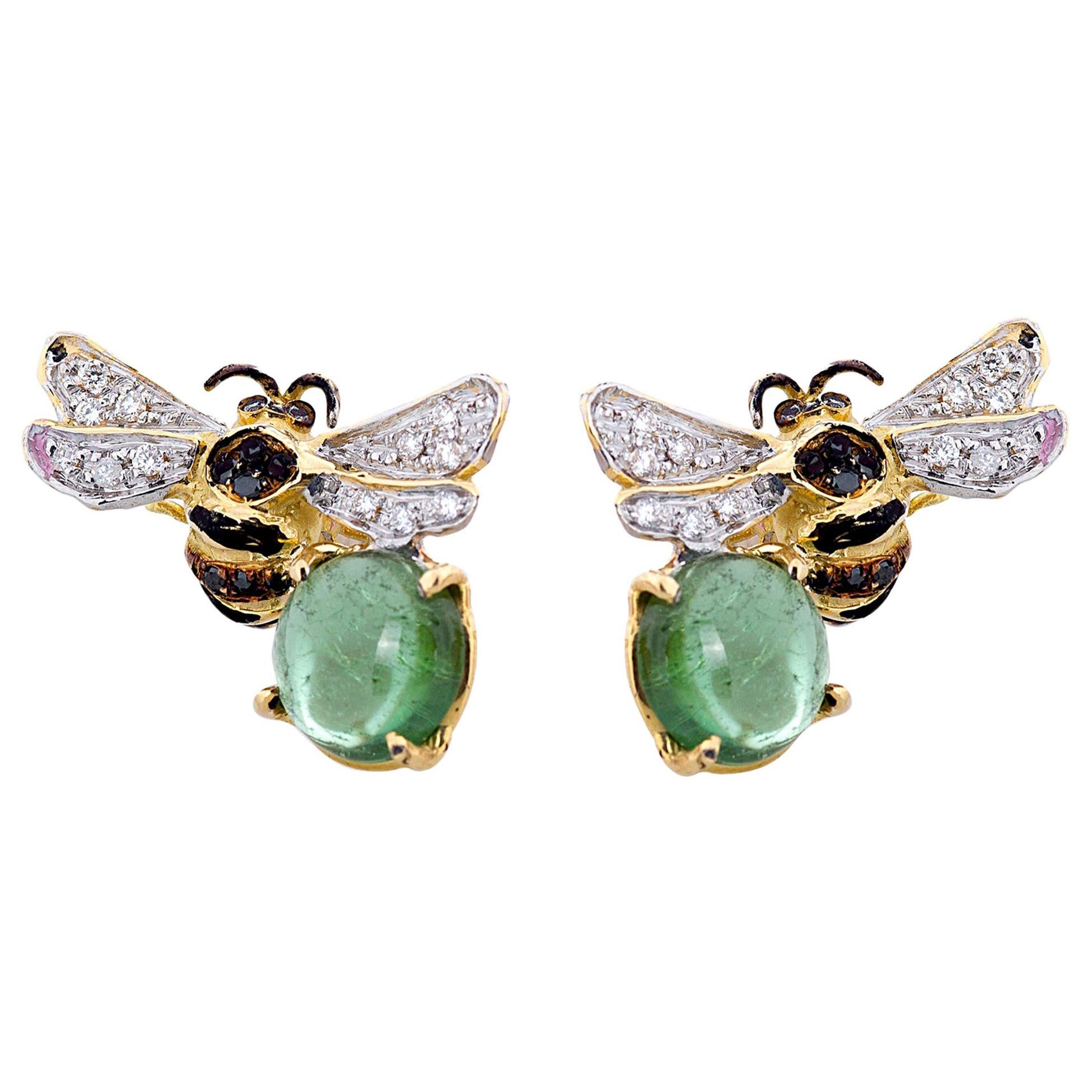 Rossella Ugolini Bee-Inspired 18K Gold Diamonds Green Tourmaline Stud Earrings