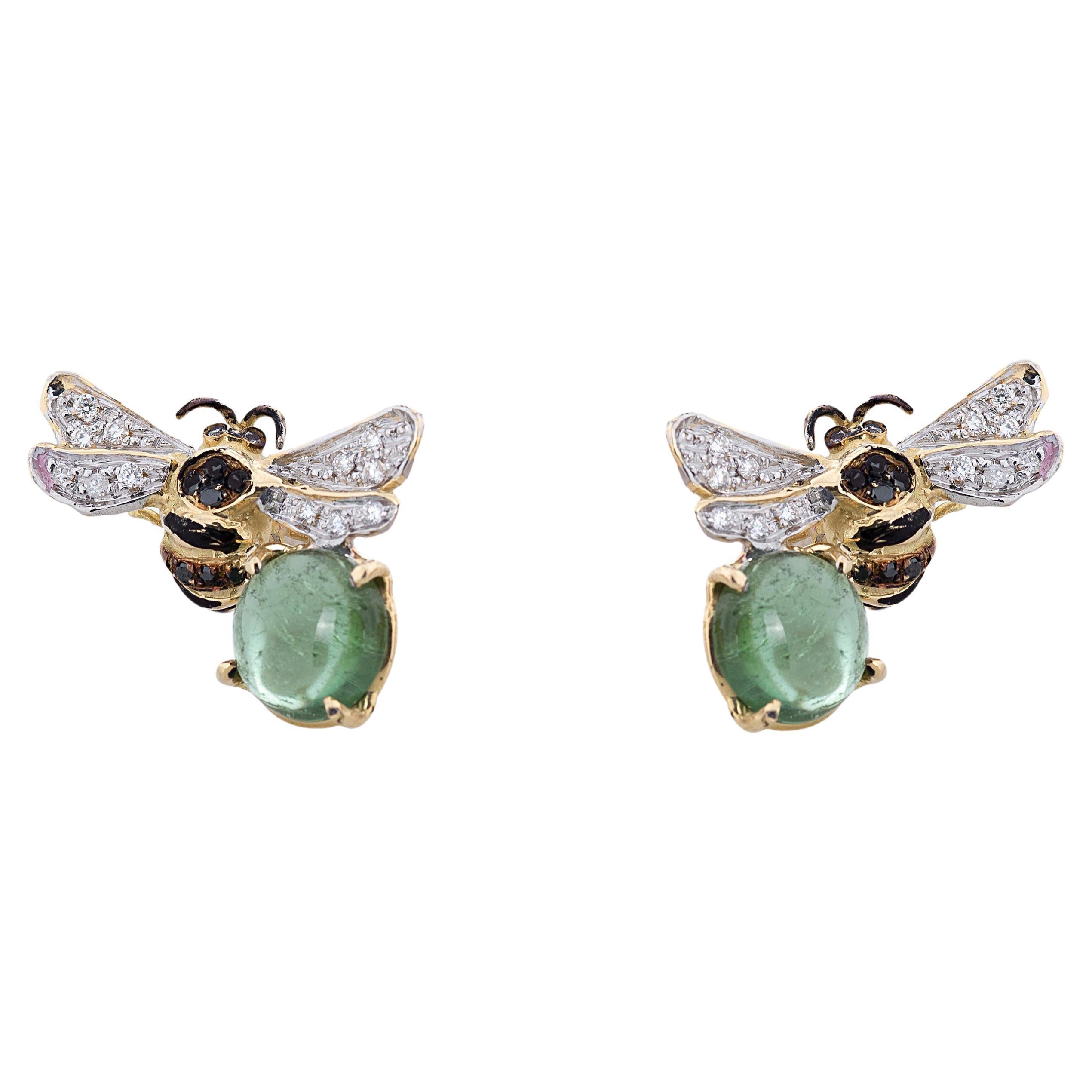 Boucles d'oreilles unisexe en or 18 carats avec tourmaline verte et diamants inspirés par les abeilles