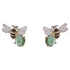 18K Gold Green Tourmaline Diamonds Bee-Inspired Unisex Stud Earrings