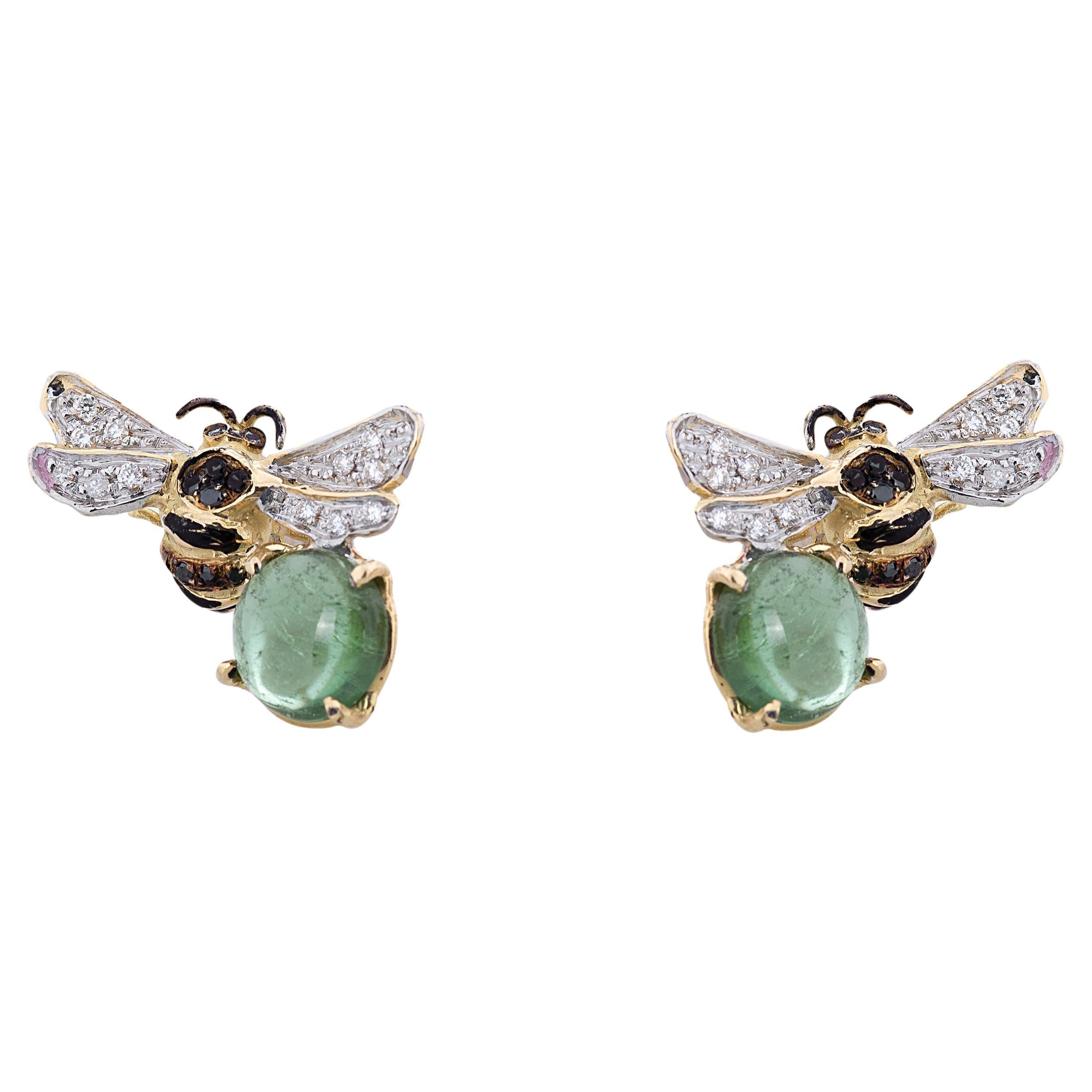 Rossella Ugolini 18K Gold 4 Karats Tourmaline Diamonds Bees Stud Earrings For Sale