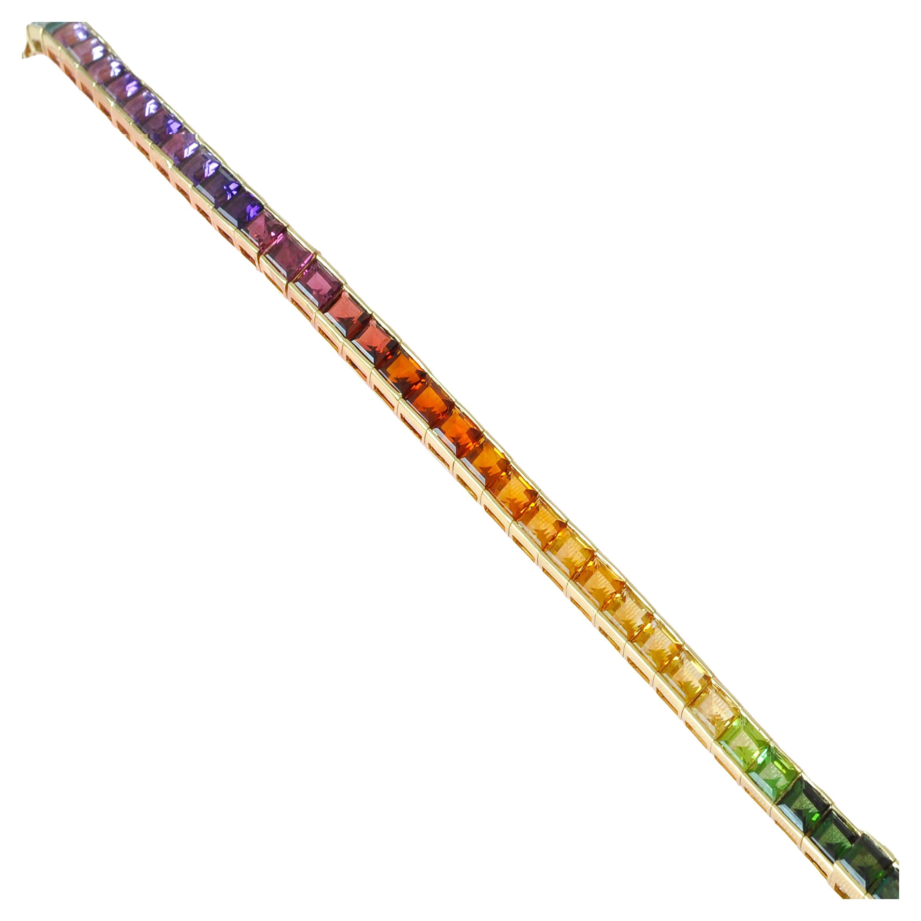 18K Yellow Gold 4 MM Squares Rainbow Gemstones Tennis Line Bracelet For Sale