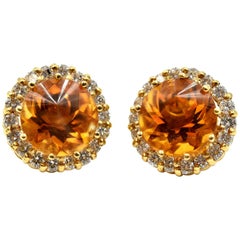 18 Karat Gold, 4.00 Carat Fantasy Cut Citrine with Round Diamond Halo Earrings