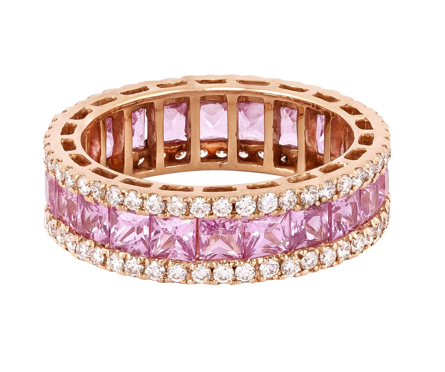 Contemporary 18 Karat Gold 4.05 Carat Diamond and Pink Sapphire Eternity Cocktail Ring  For Sale