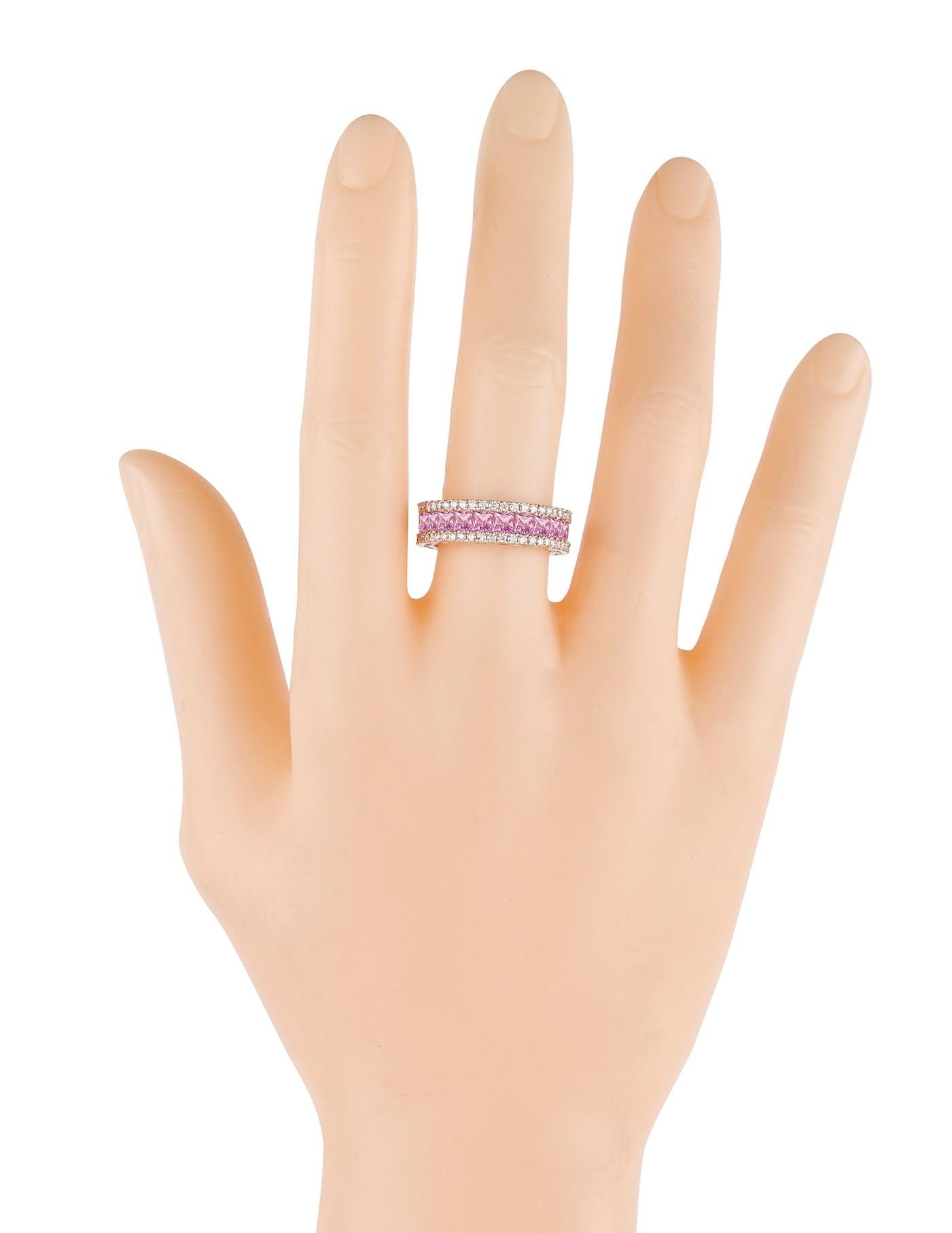 Princess Cut 18 Karat Gold 4.05 Carat Diamond and Pink Sapphire Eternity Cocktail Ring  For Sale