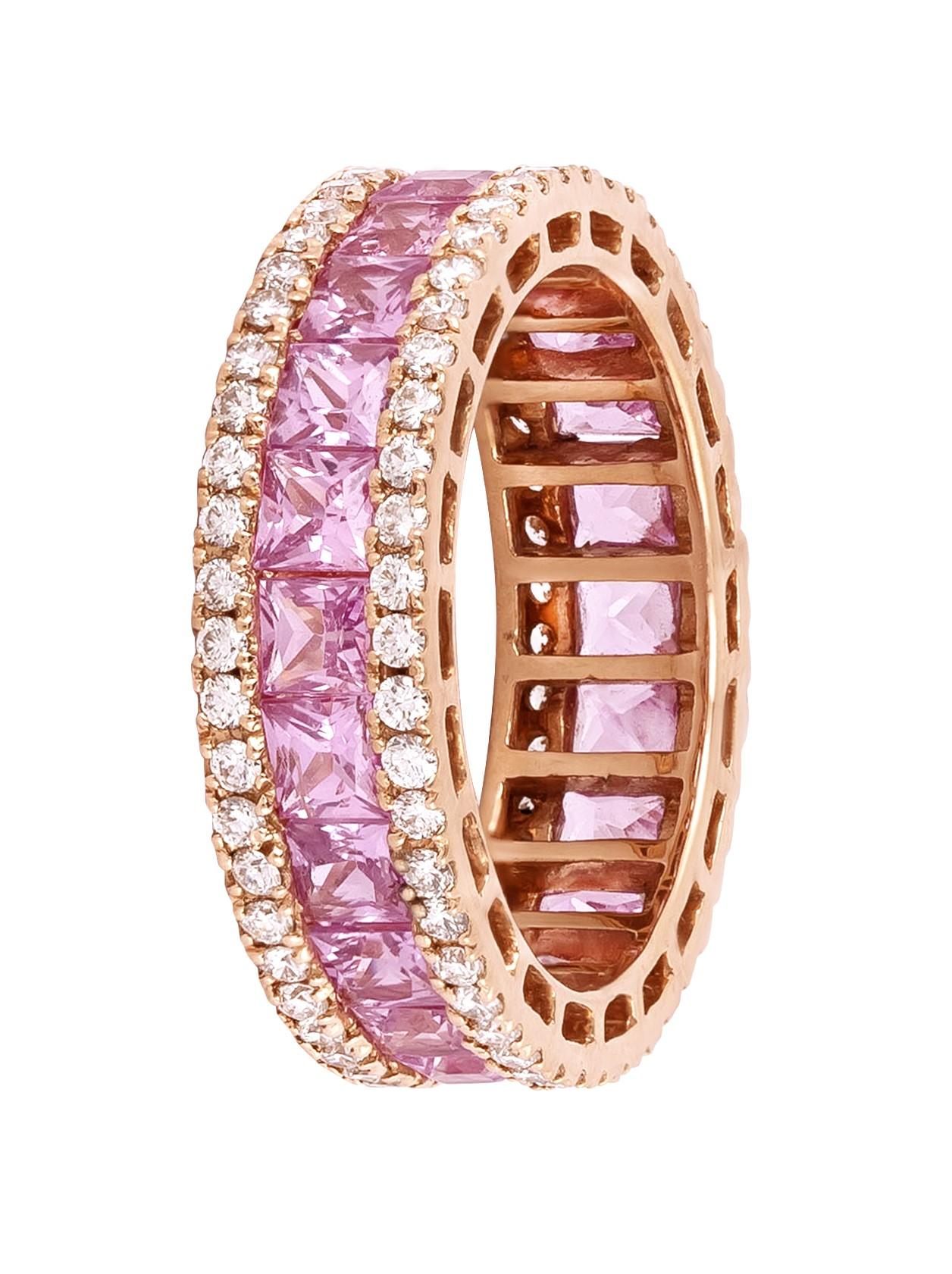 18 Karat Gold 4.05 Carat Diamond and Pink Sapphire Eternity Cocktail Ring  For Sale 1