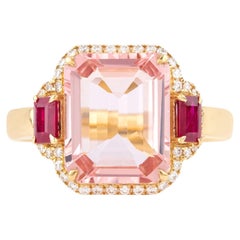 Bague solitaire en or 18 carats avec diamants, rubis et morganite de 4,12 carats