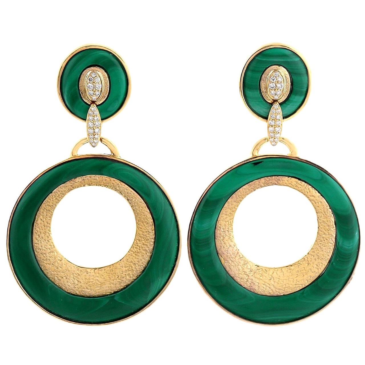 41.3 Carat Malachite Diamond 18 Karat Gold Earrings For Sale