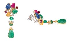 18 Karat Gold 43.67 Carat Diamond and Carved Ruby, Sapphire, and Emerald Earring