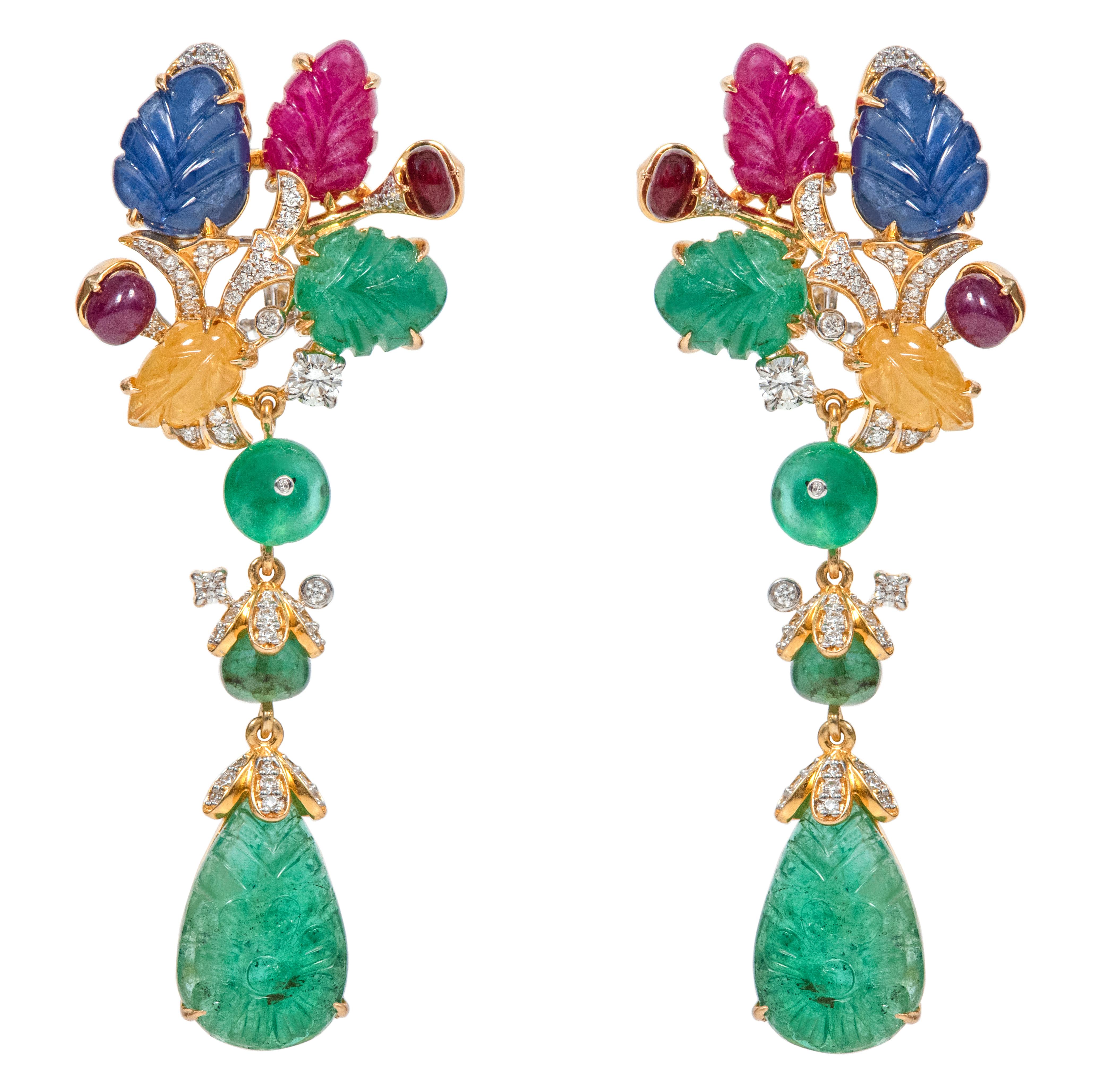 Contemporary 18 Karat Gold 43.67 Carat Diamond and Carved Ruby, Sapphire, and Emerald Earring For Sale