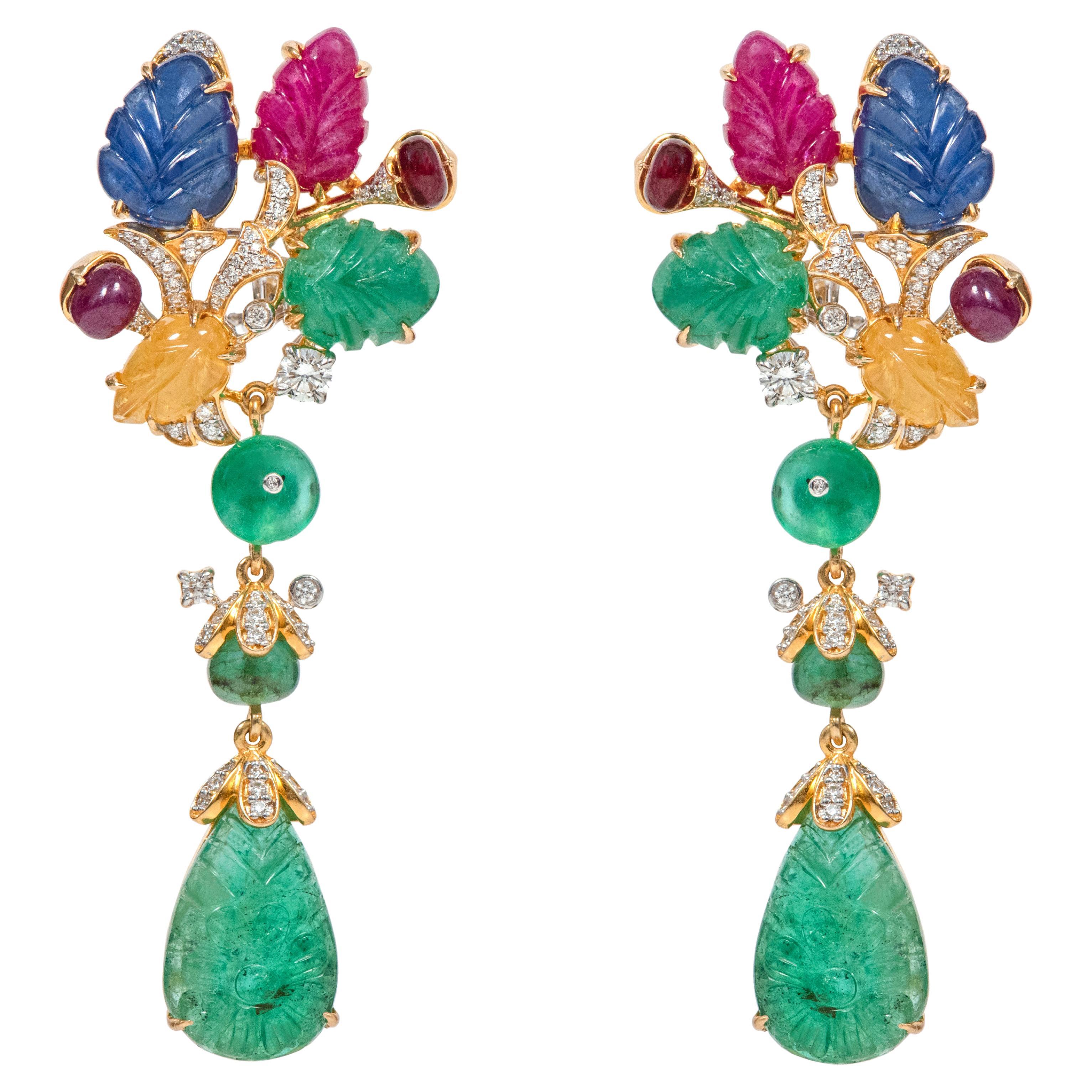 18 Karat Gold 43.67 Carat Diamond and Carved Ruby, Sapphire, and Emerald Earring For Sale
