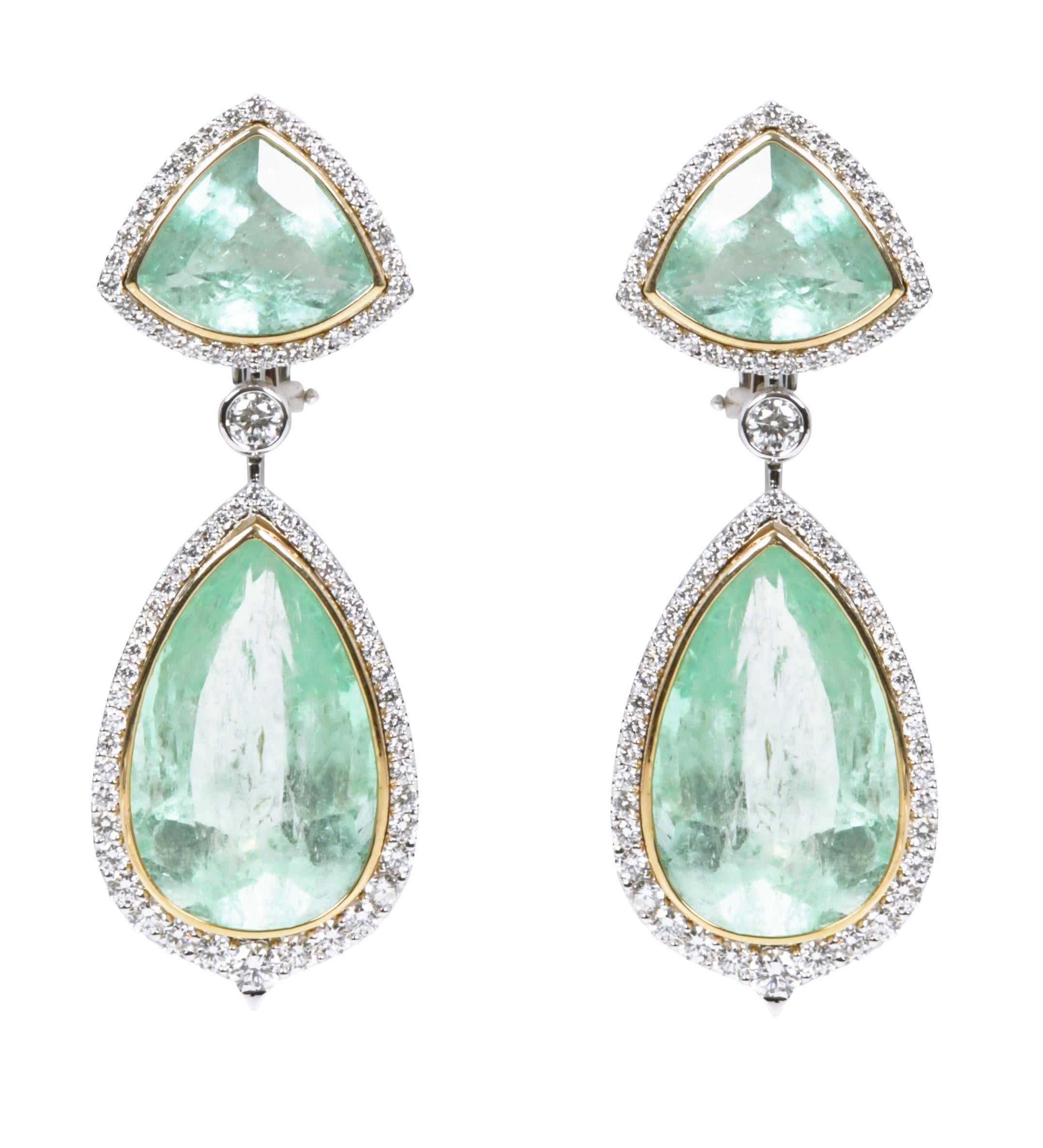 Pear Cut 18 Karat Gold 43.72 Carat Colombian Emerald and Diamond Cocktail Drop Earrings For Sale