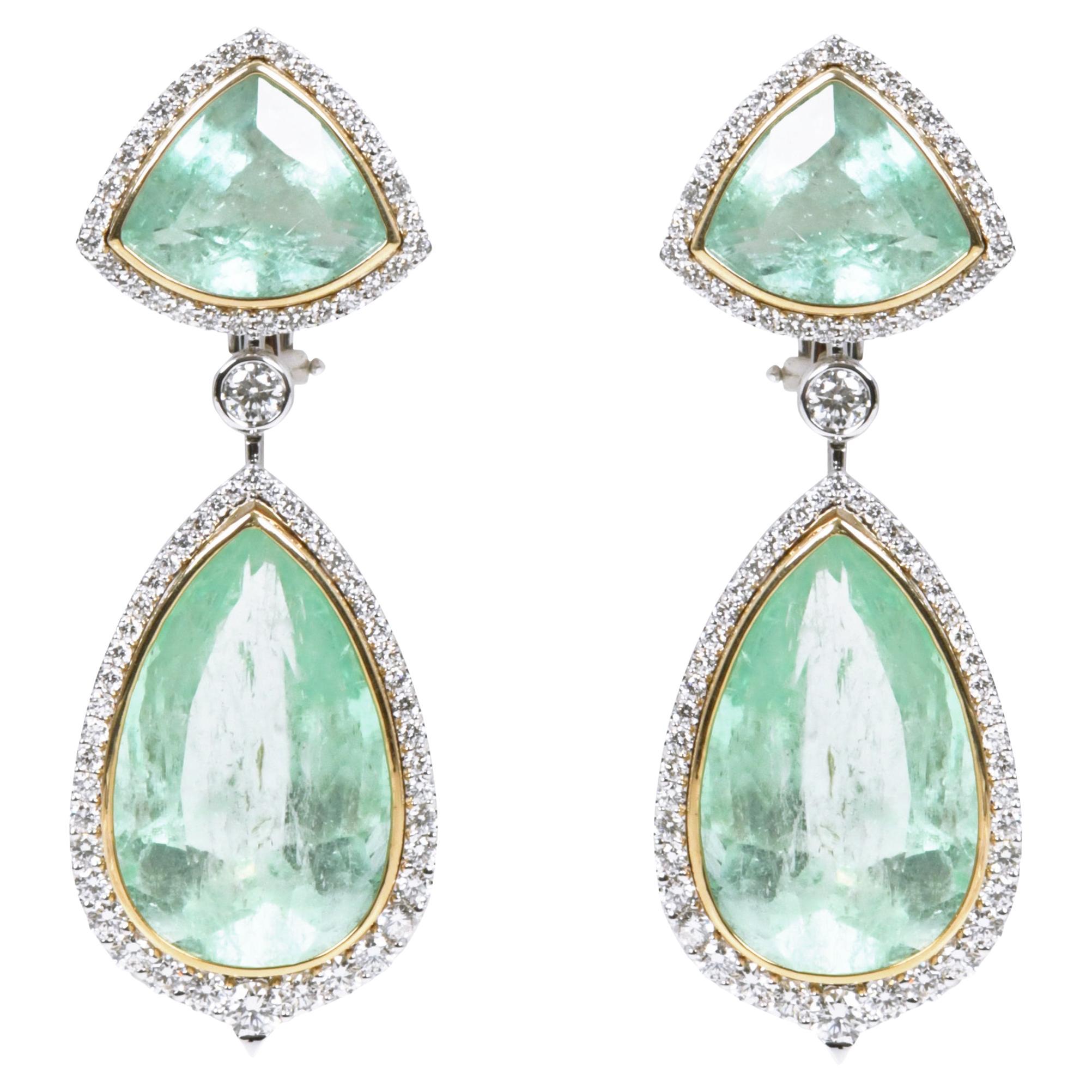 18 Karat Gold 43.72 Carat Colombian Emerald and Diamond Cocktail Drop Earrings For Sale