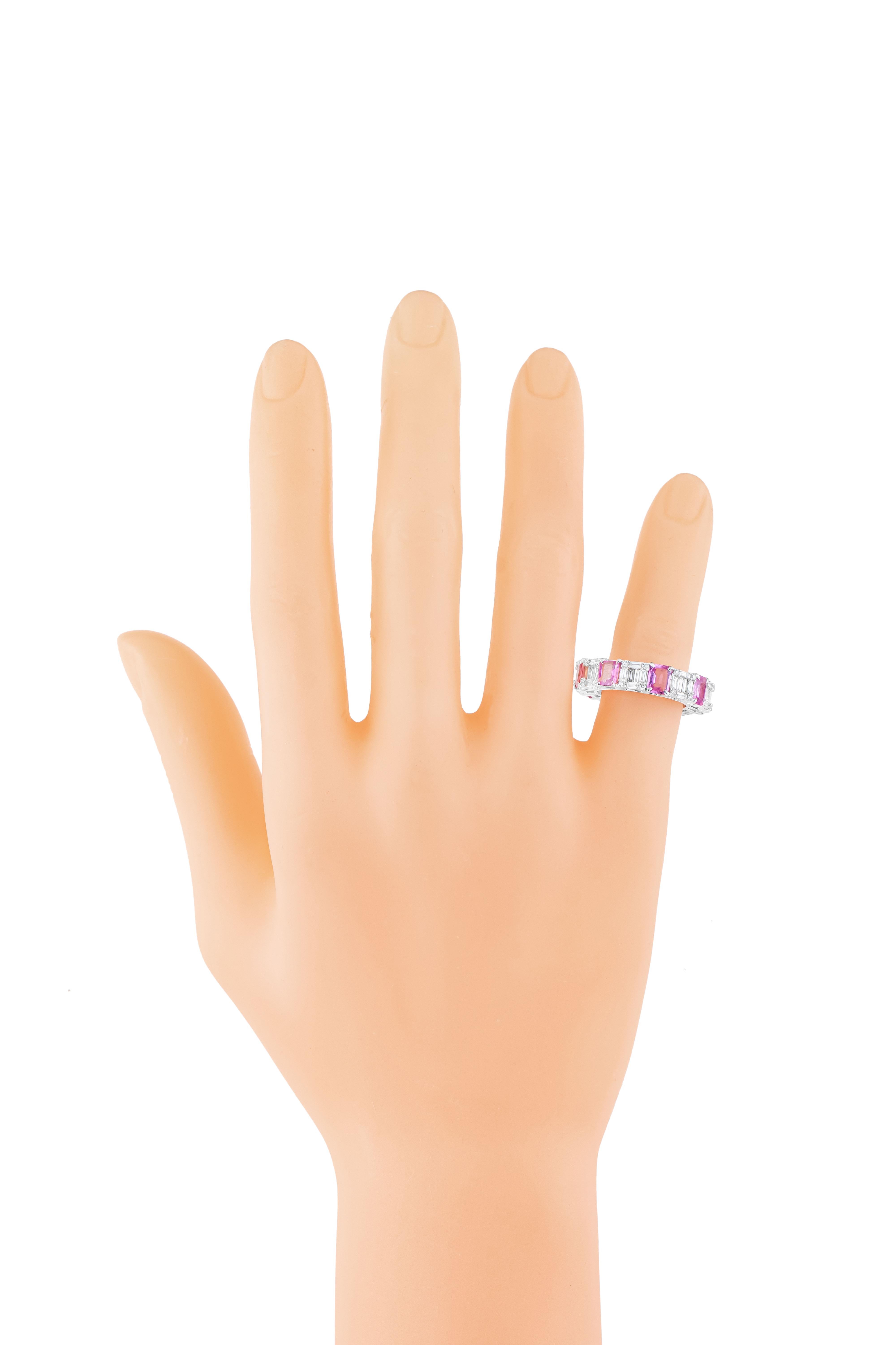 Emerald Cut 18 Karat Gold 4.44 Carat Diamond and Pink Sapphire Eternity Ring For Sale