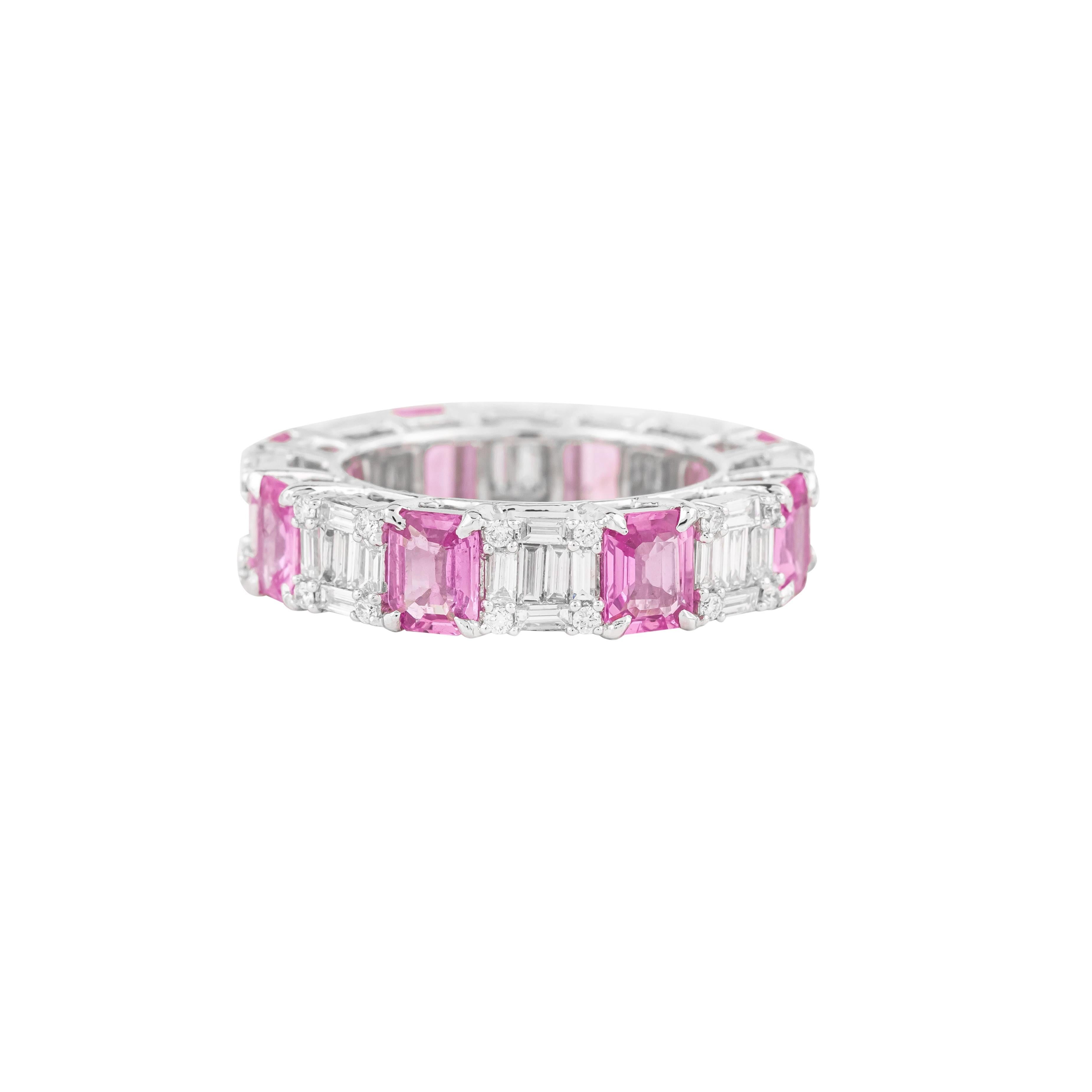 Women's 18 Karat Gold 4.44 Carat Diamond and Pink Sapphire Eternity Ring For Sale