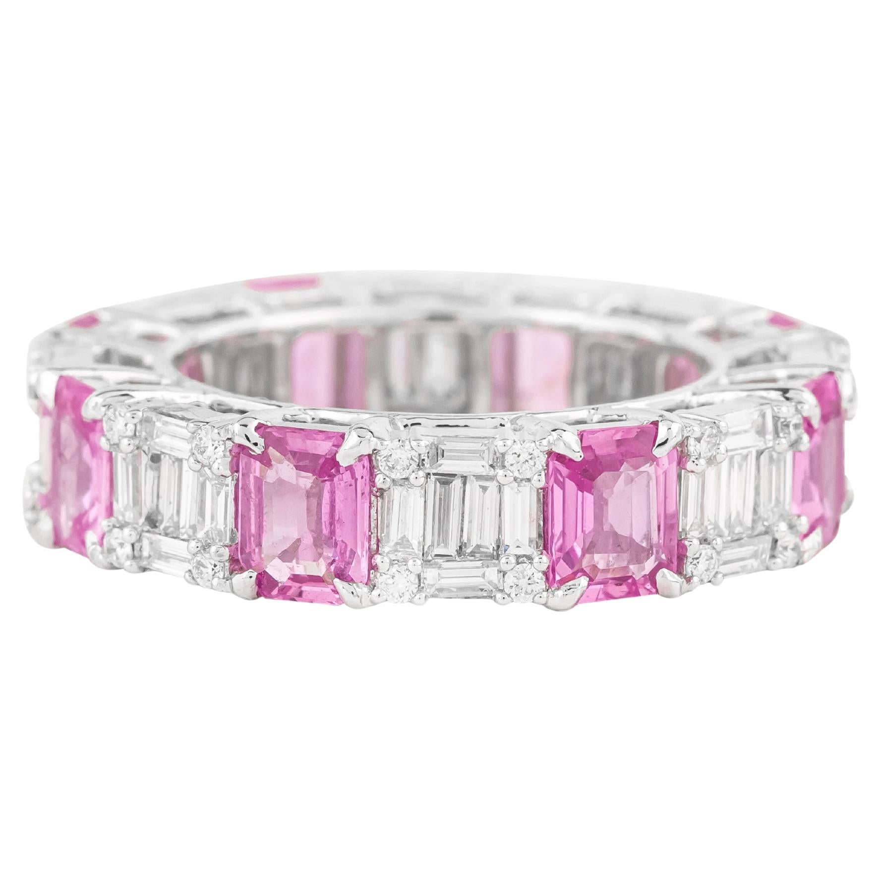 18 Karat Gold 4.44 Carat Diamond and Pink Sapphire Eternity Ring For Sale