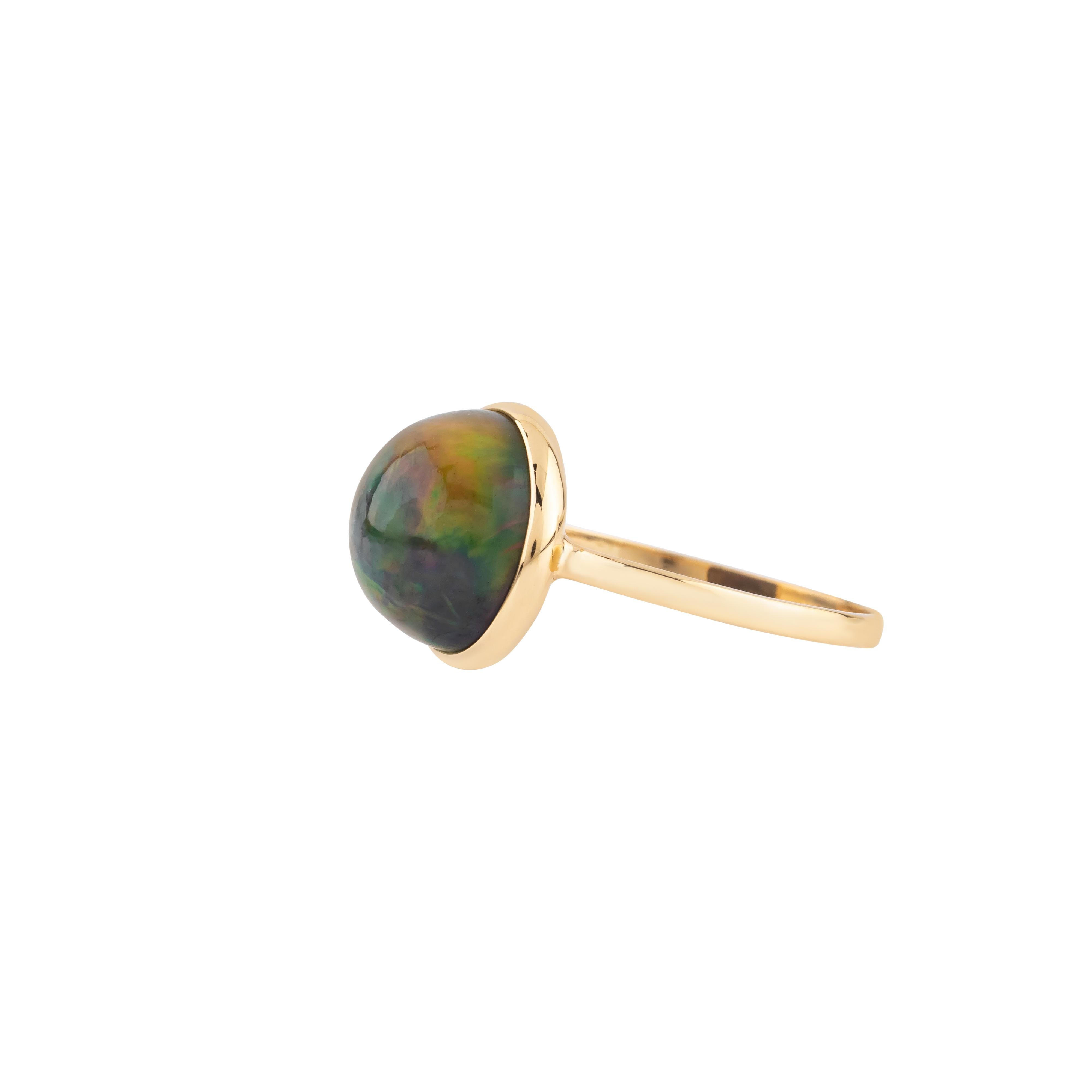 This 18 Karat Gold 4.55 Carat Opal Modern Ring embodies a blend of contemporary design and classic sophistication. The centerpiece of this exquisite piece is a 4.55 carat opal, renowned for its captivating play of colors and unique iridescence. The