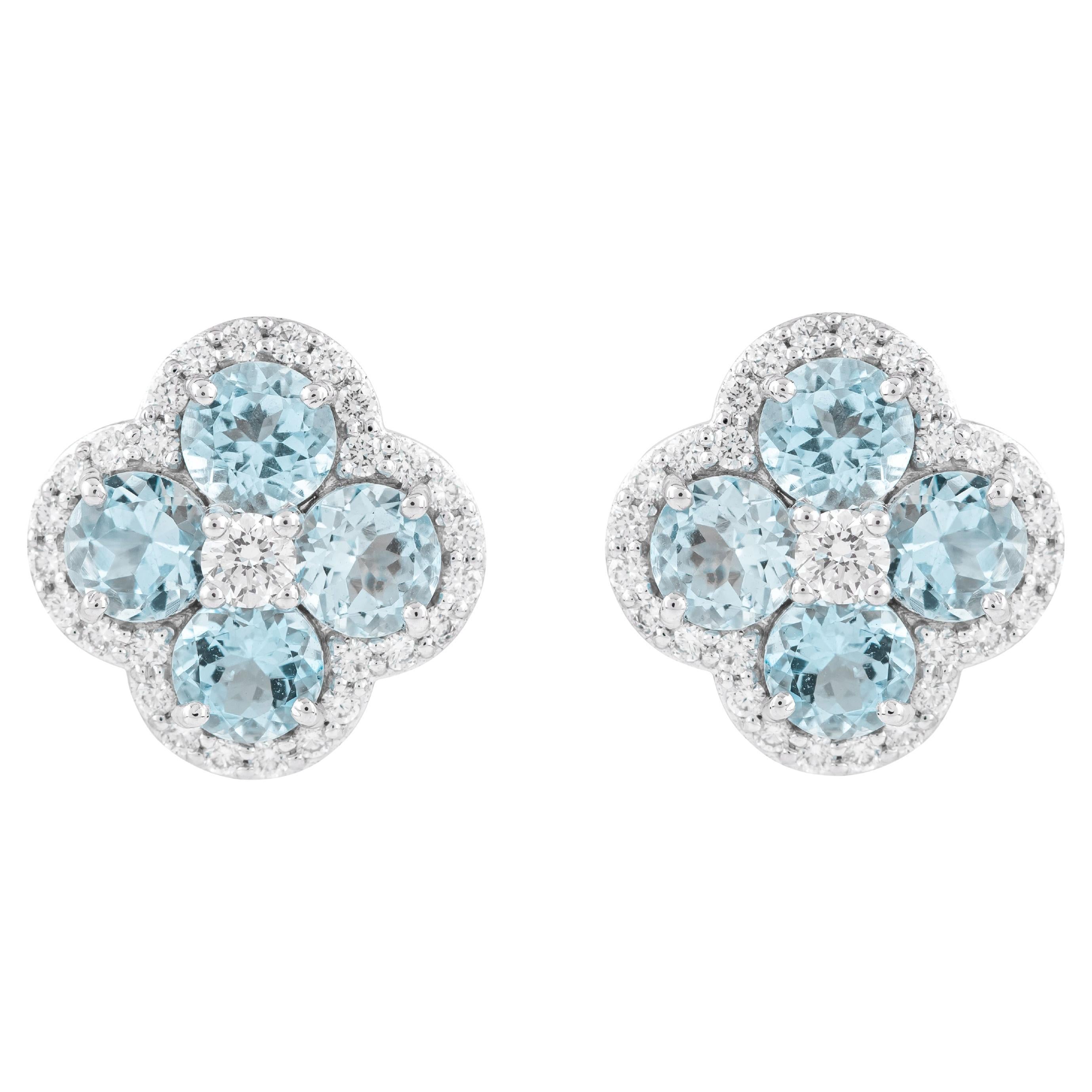 18 Karat Gold 4.59 Carat Aquamarine & Diamond Cluster Stud Earrings