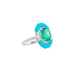 18 Karat Gold 4.9 Carat Diamond, Emerald and Turquoise Solitaire Ring