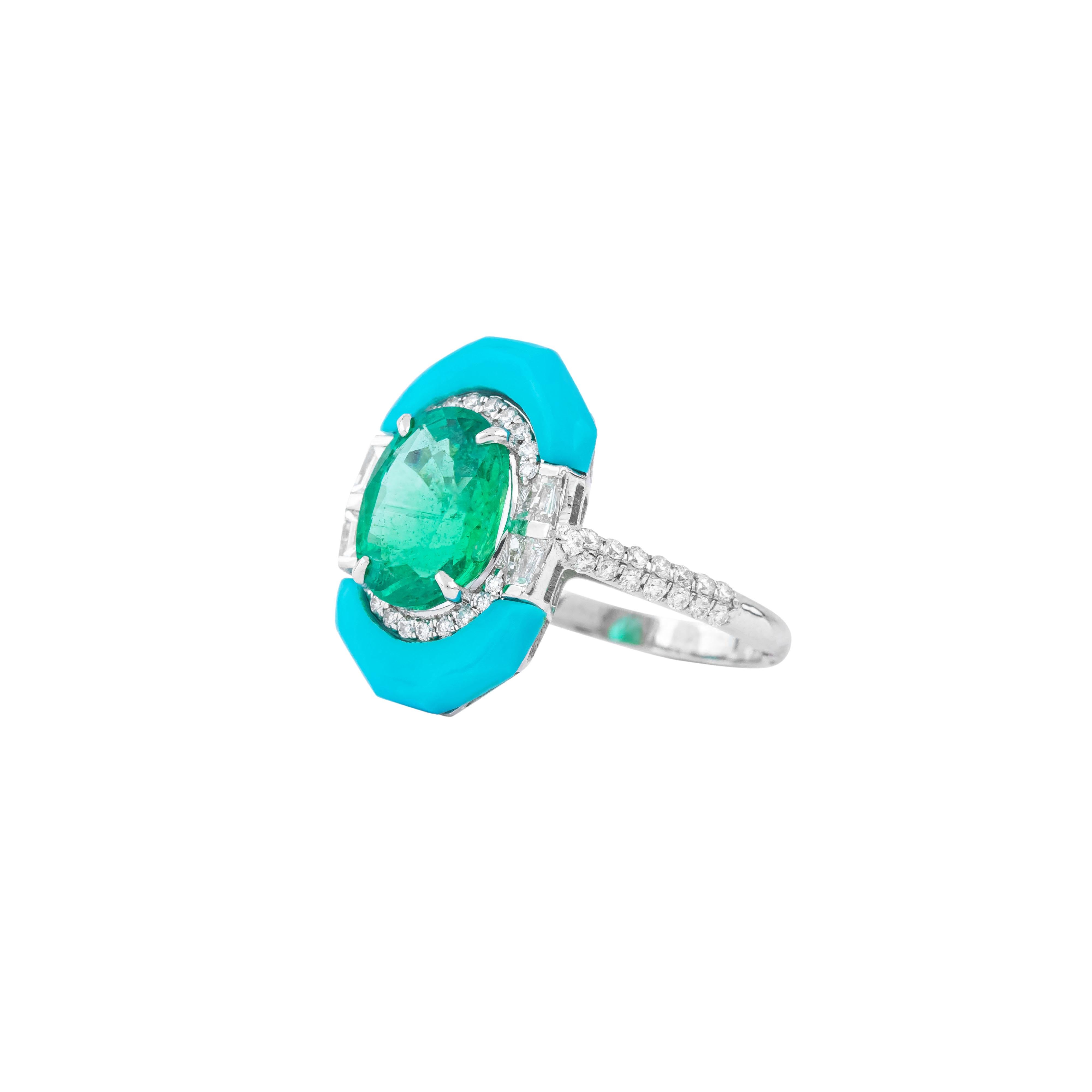 18 Karat Gold 4,9 Karat Diamant, Smaragd und Türkis Solitär Ring (Zeitgenössisch) im Angebot
